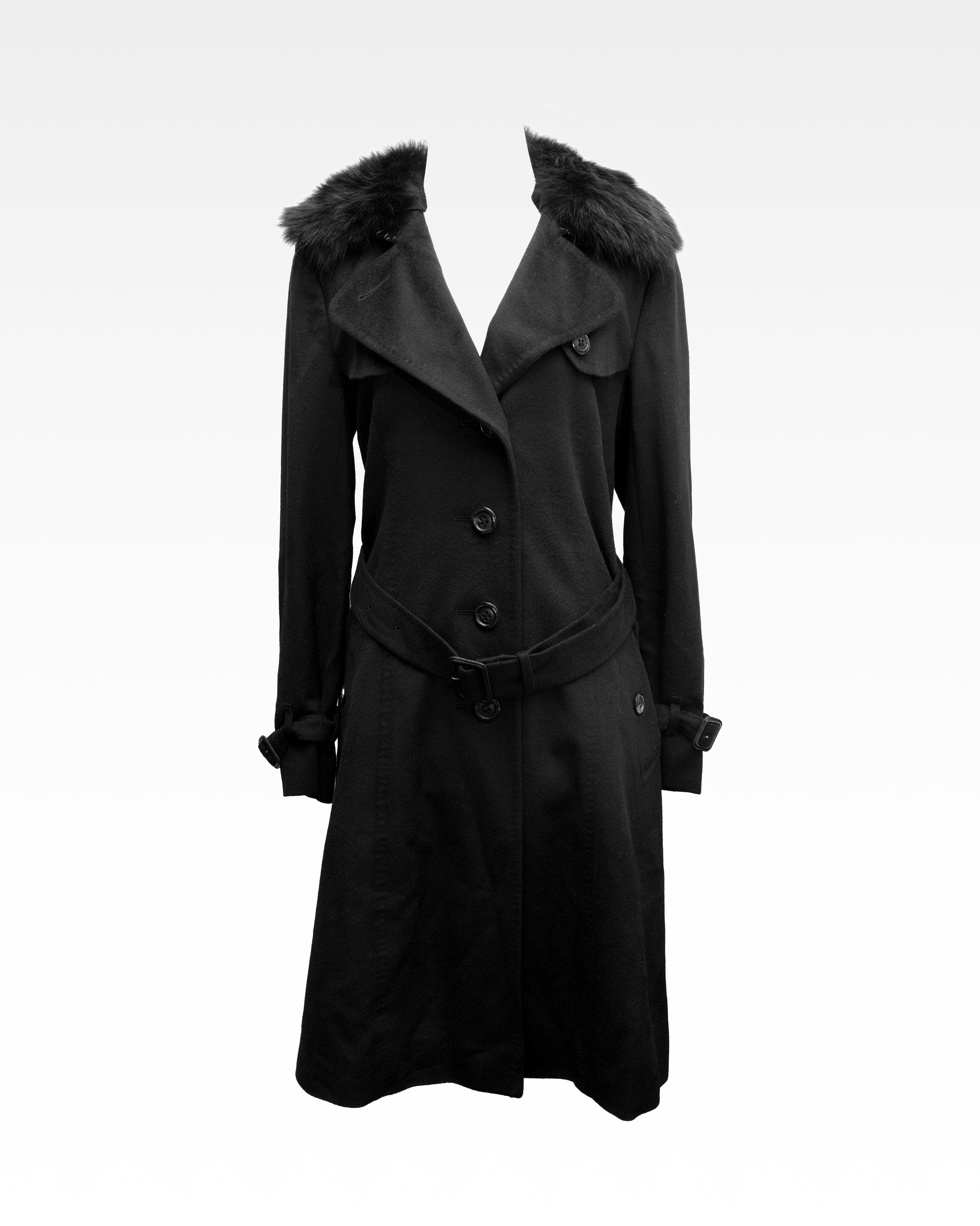WOOL CASHMERE FOX FUR BELTED COAT BLACK – SIZE 40