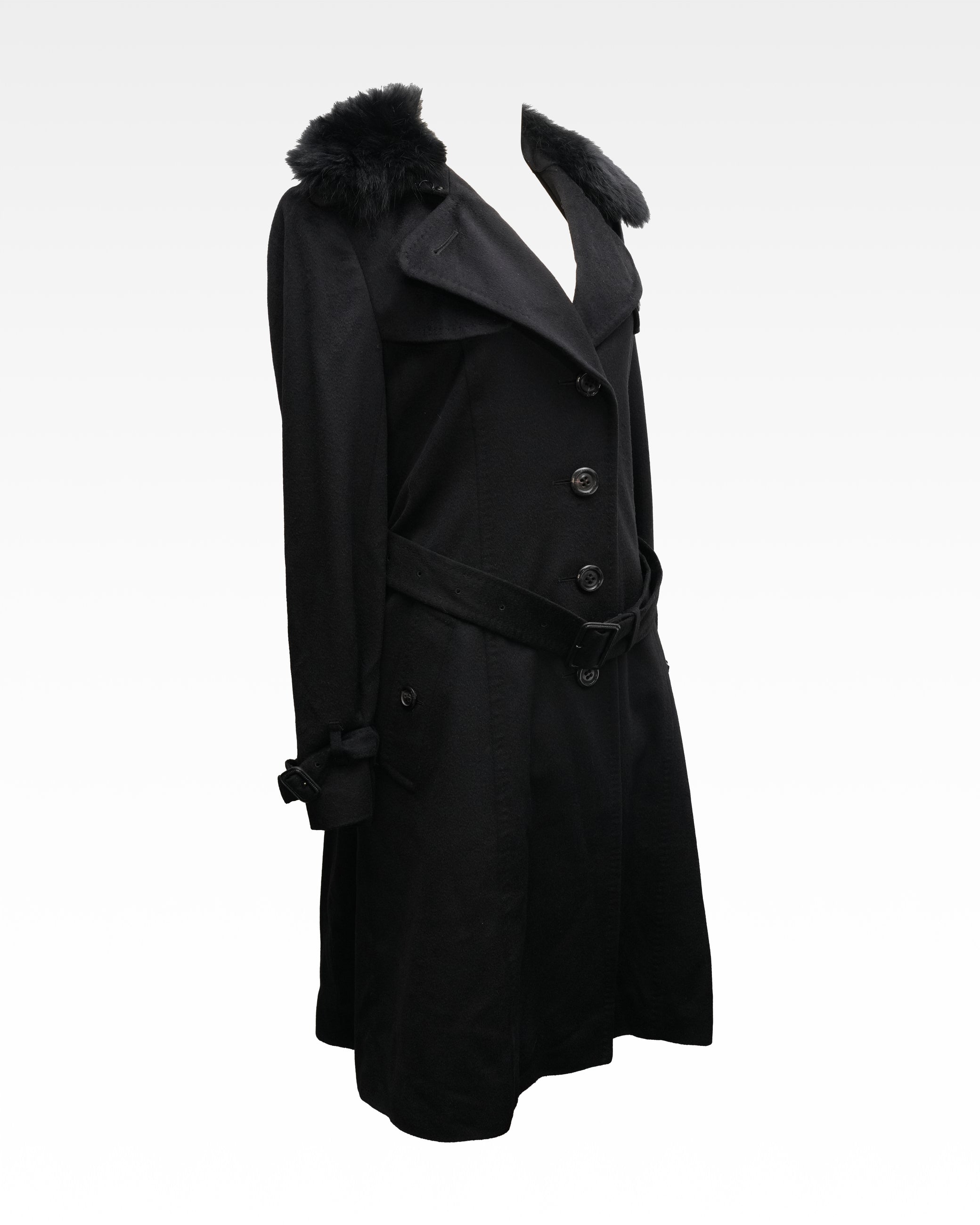 WOOL CASHMERE FOX FUR BELTED COAT BLACK – SIZE 40