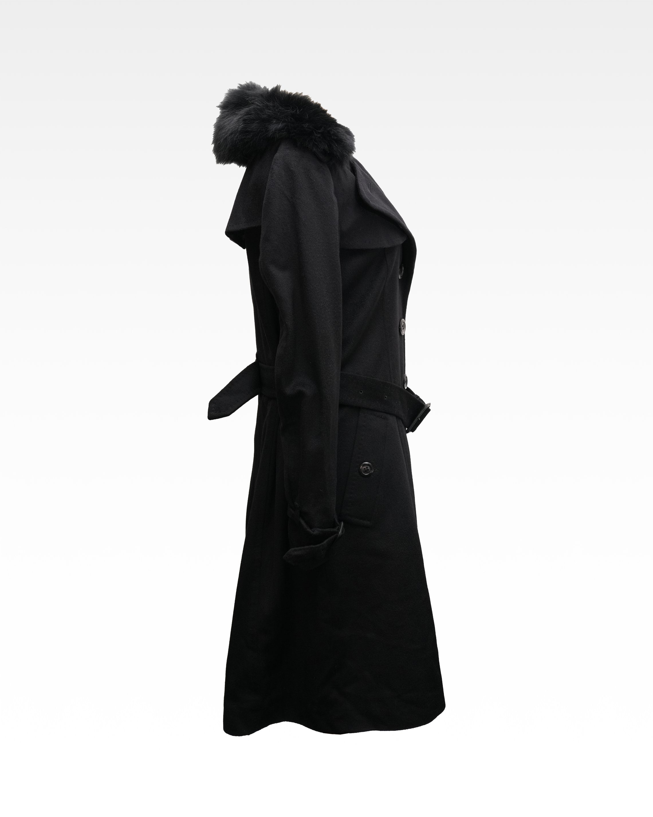 WOOL CASHMERE FOX FUR BELTED COAT BLACK – SIZE 40