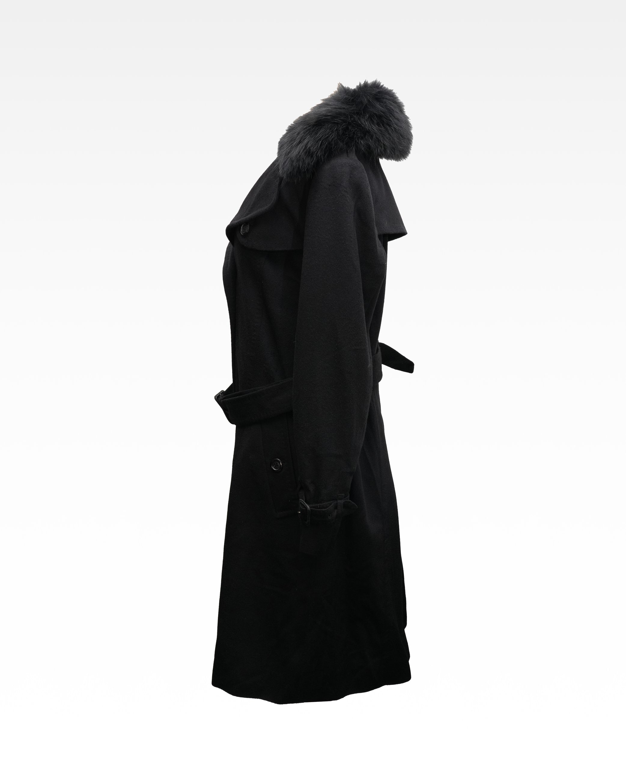 WOOL CASHMERE FOX FUR BELTED COAT BLACK – SIZE 40