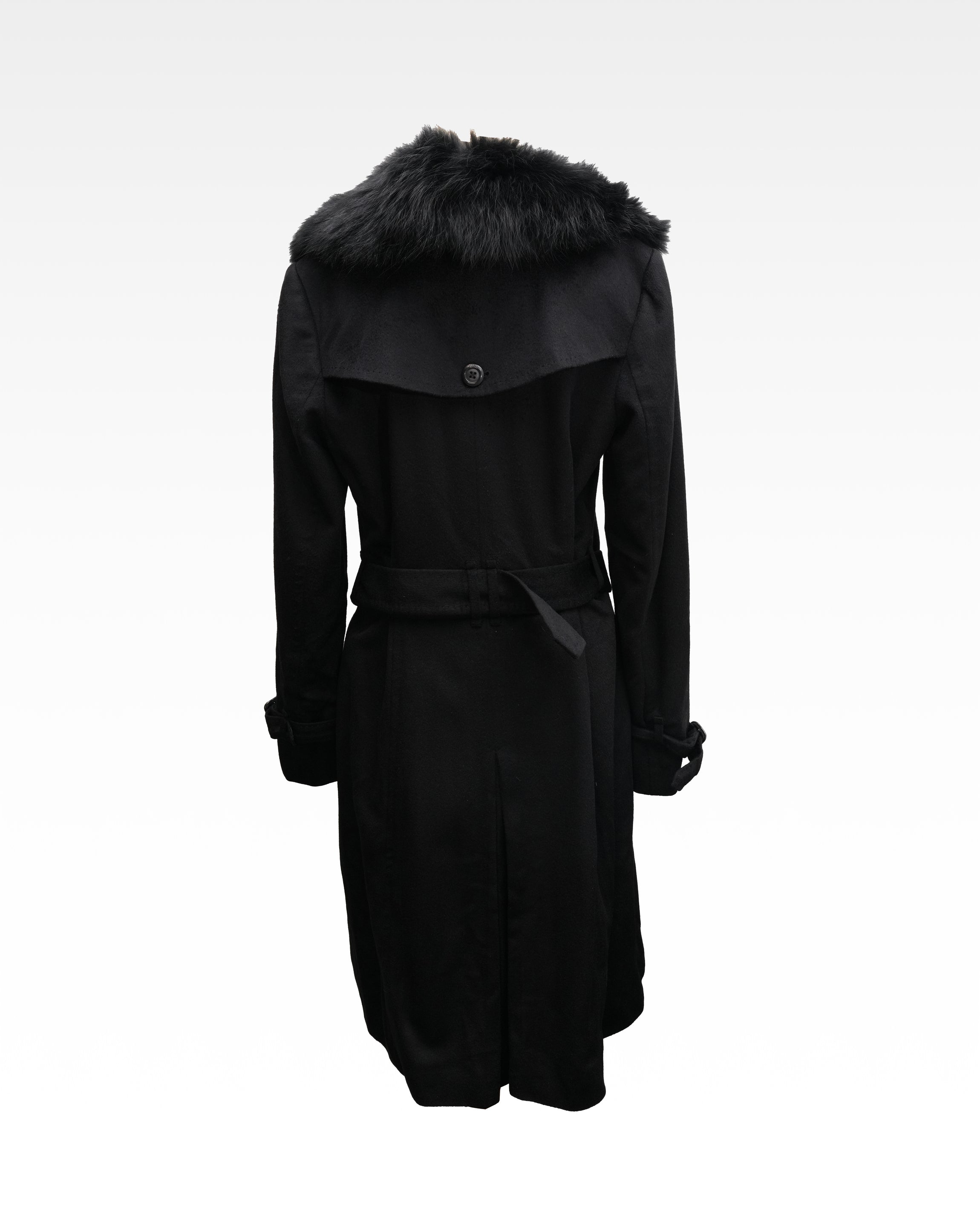 WOOL CASHMERE FOX FUR BELTED COAT BLACK – SIZE 40