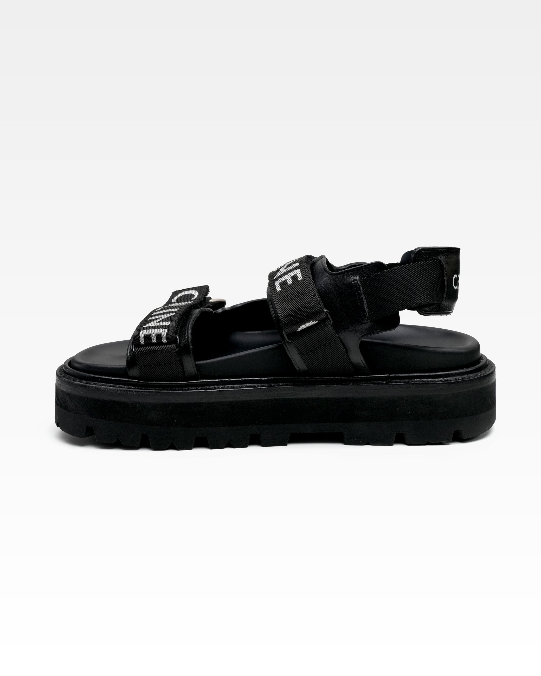 HEDI PERIOD LEATHER X FABRIC SANDALS BLACK X WHITE LOGO VELCRO STRAP – SIZE 37