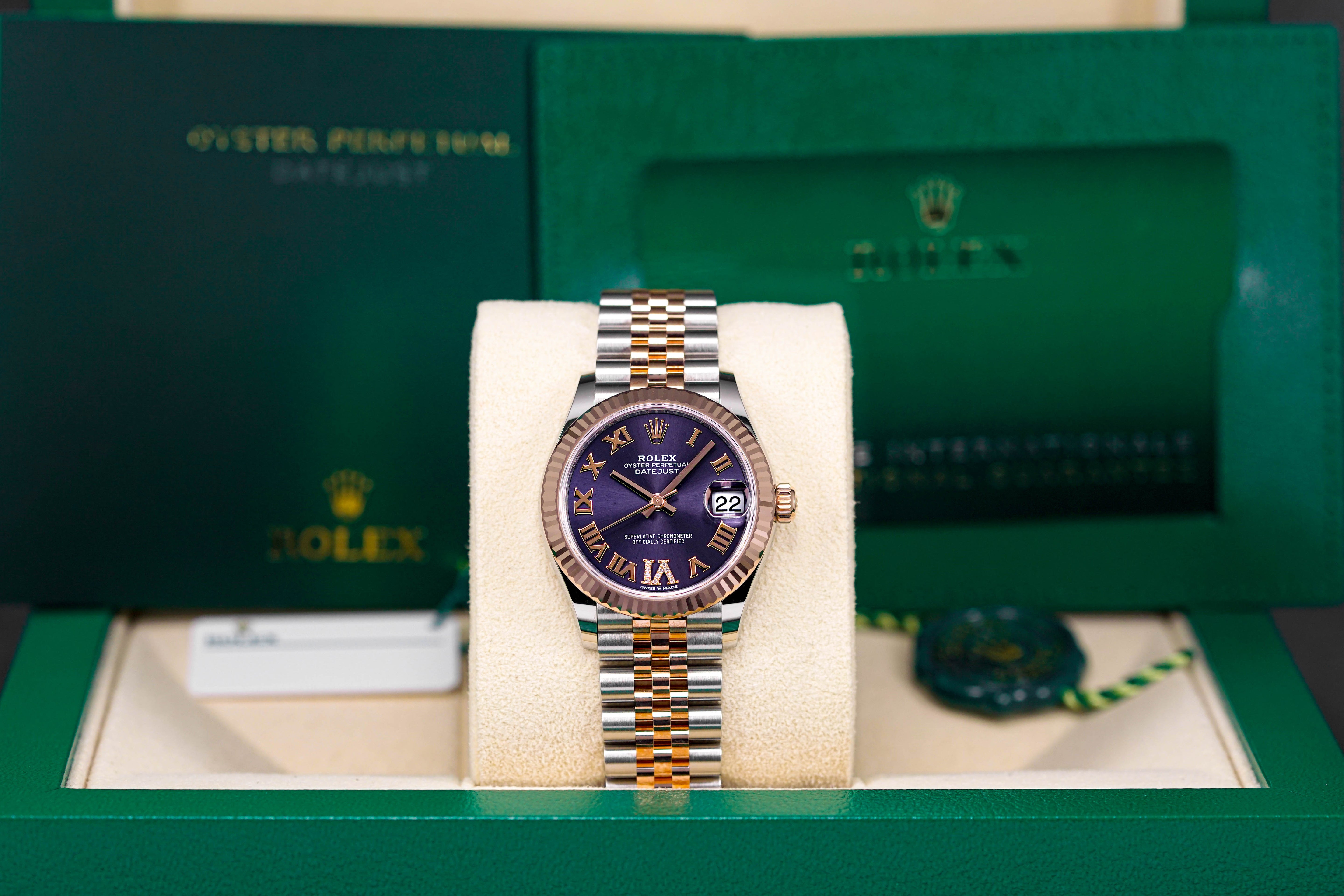 DATEJUST 31MM TWOTONE ROSEGOLD AUBERGINE ROMAN DIAL DIAMOND ON VI (2023)