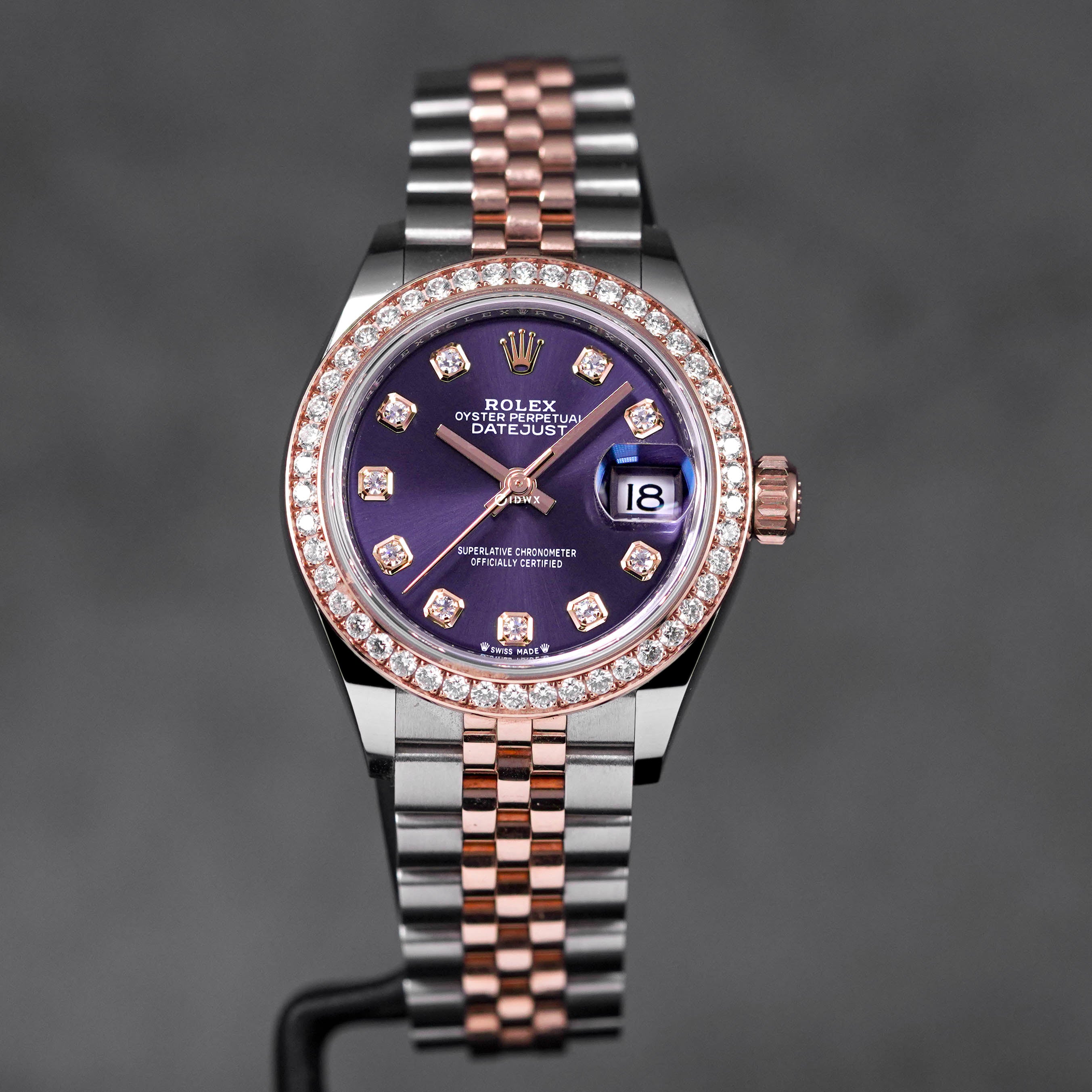 DATEJUST 28MM TWOTONE ROSEGOLD AUBERGINE DIAMOND DIAL DIAMOND RING (2022)