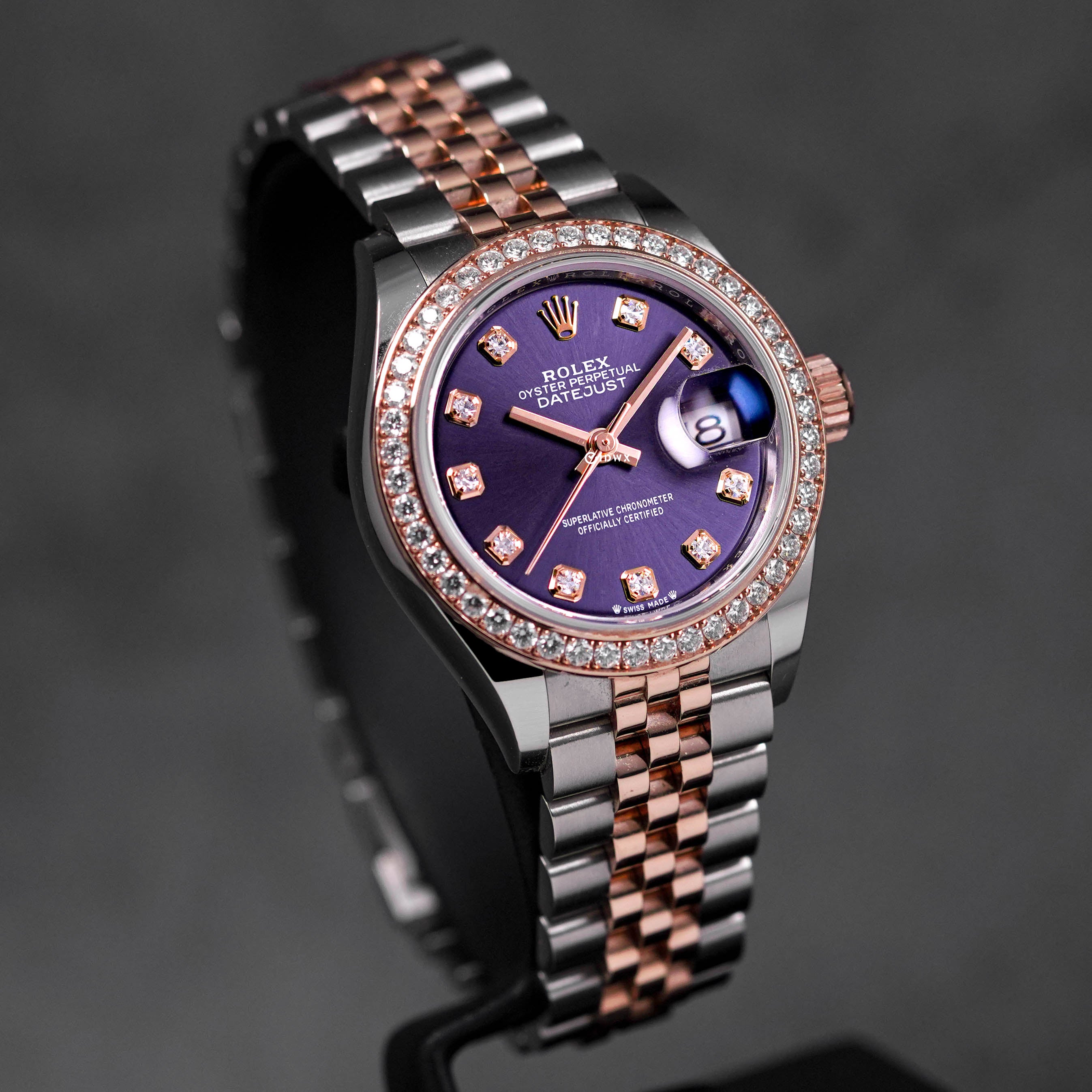 DATEJUST 28MM TWOTONE ROSEGOLD AUBERGINE DIAMOND DIAL DIAMOND RING (2022)
