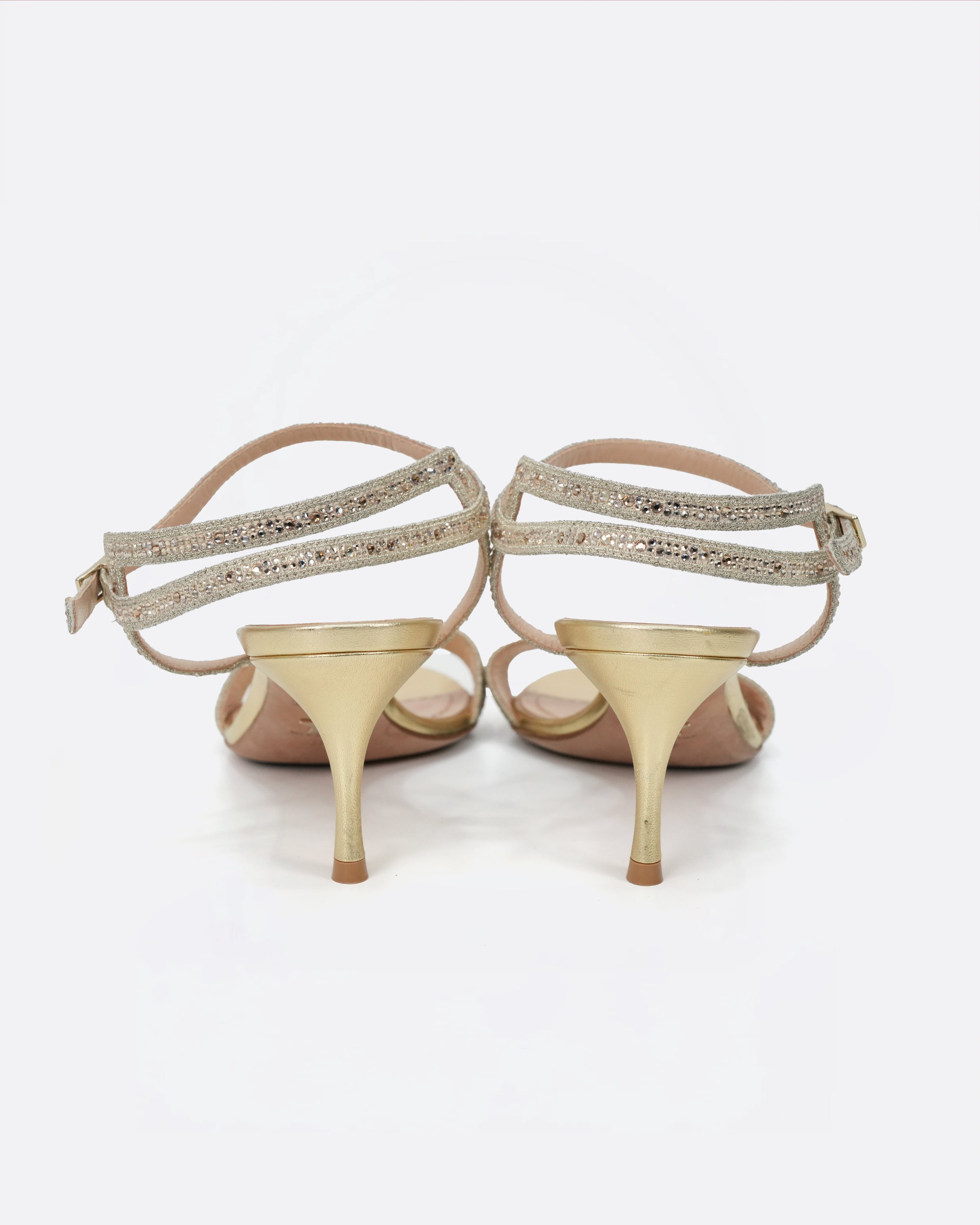 FABRIC SANDAL HEELS SIZE 37 GOLD STRAP