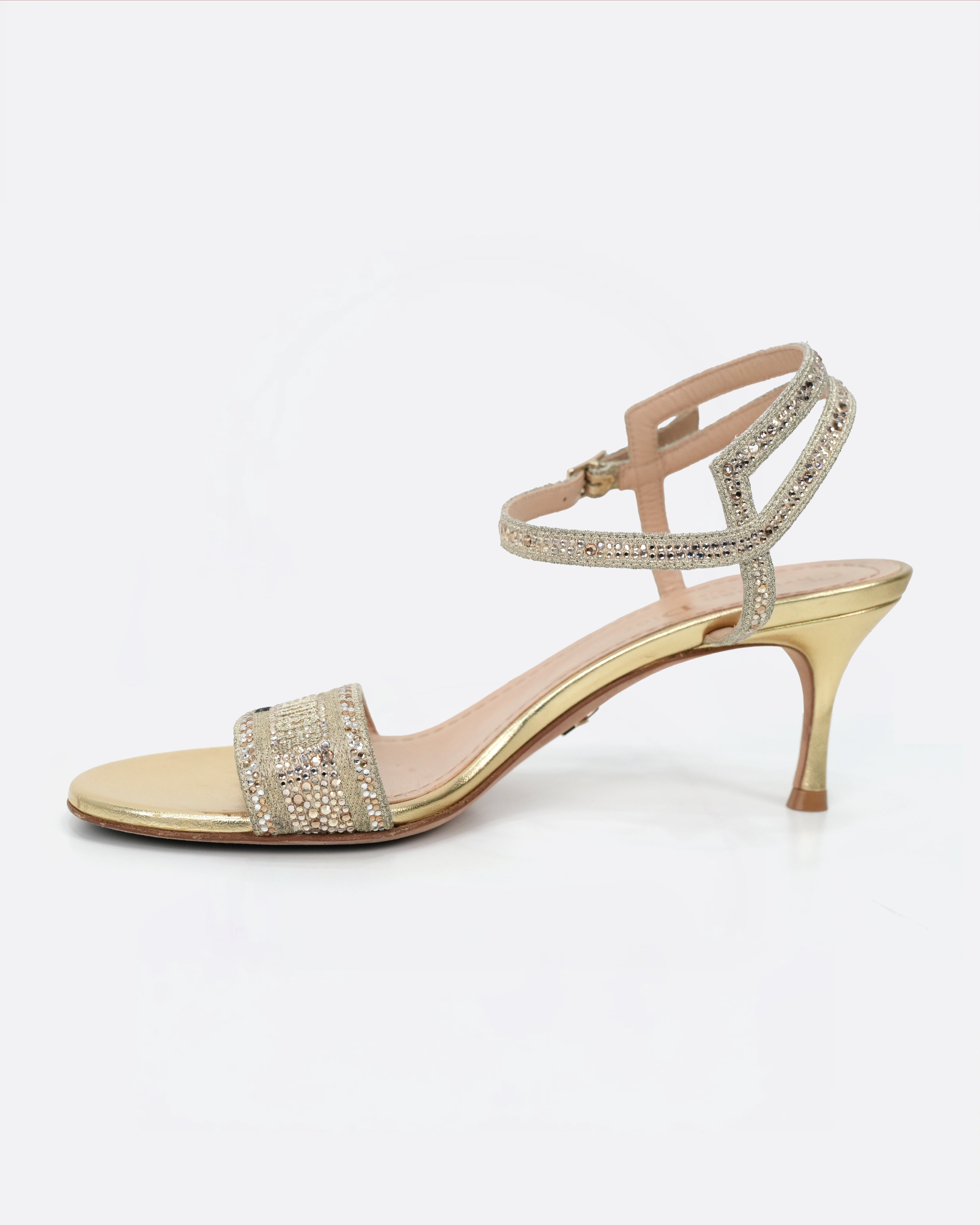 FABRIC SANDAL HEELS SIZE 37 GOLD STRAP