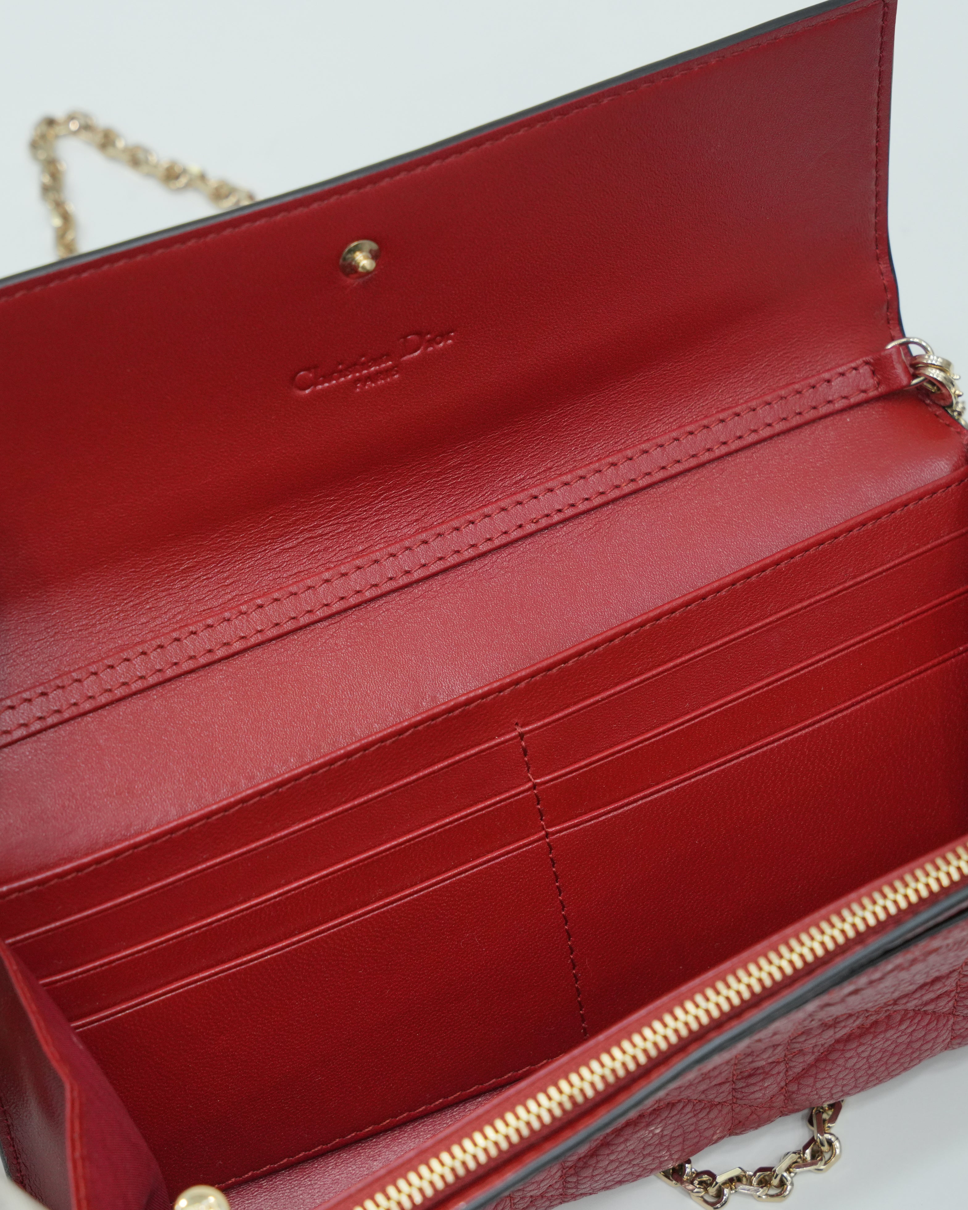RED CANNAGE LEATHER WALLET ON CHAIN WITH LIGHT GOLD HARDWARE