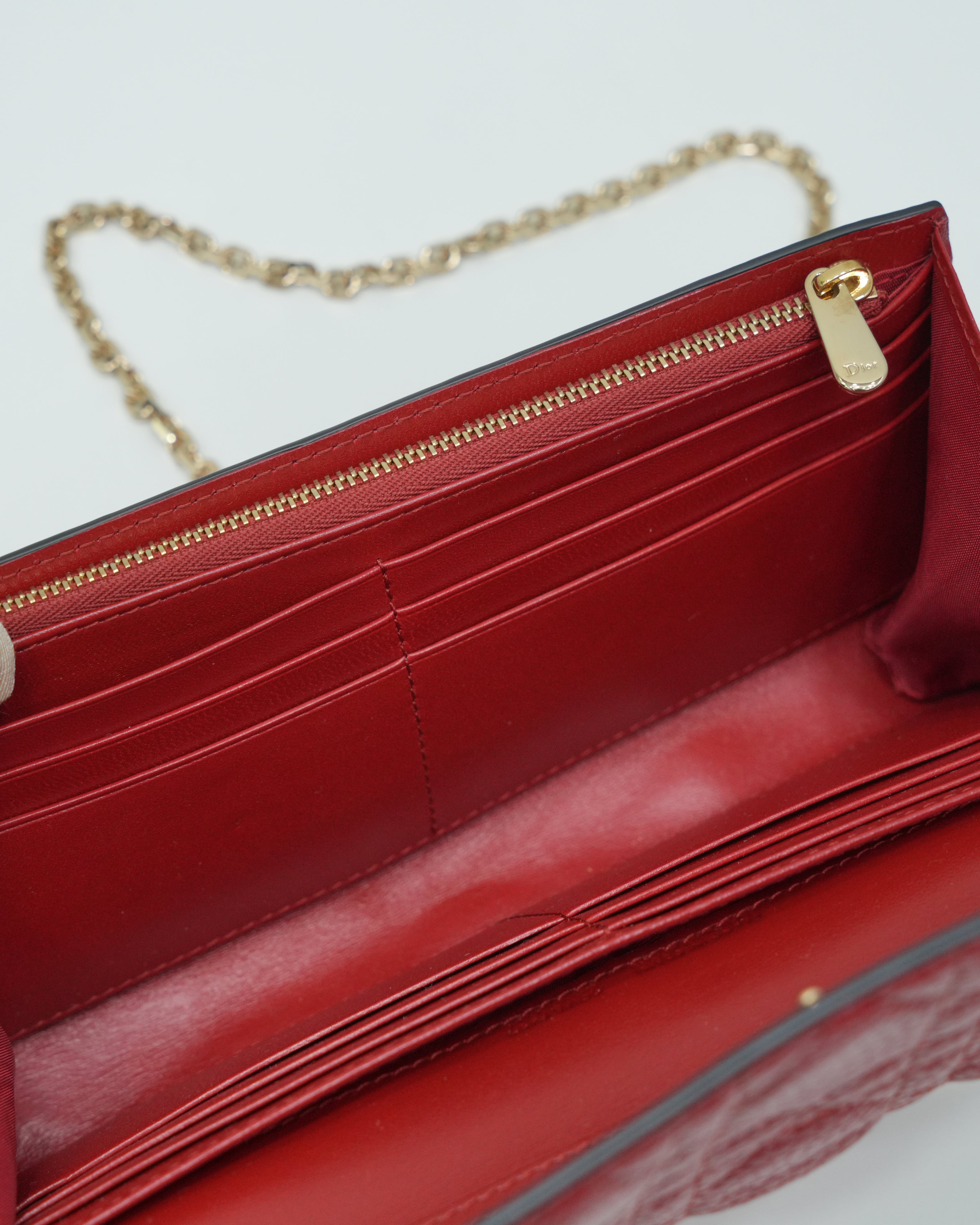 RED CANNAGE LEATHER WALLET ON CHAIN WITH LIGHT GOLD HARDWARE