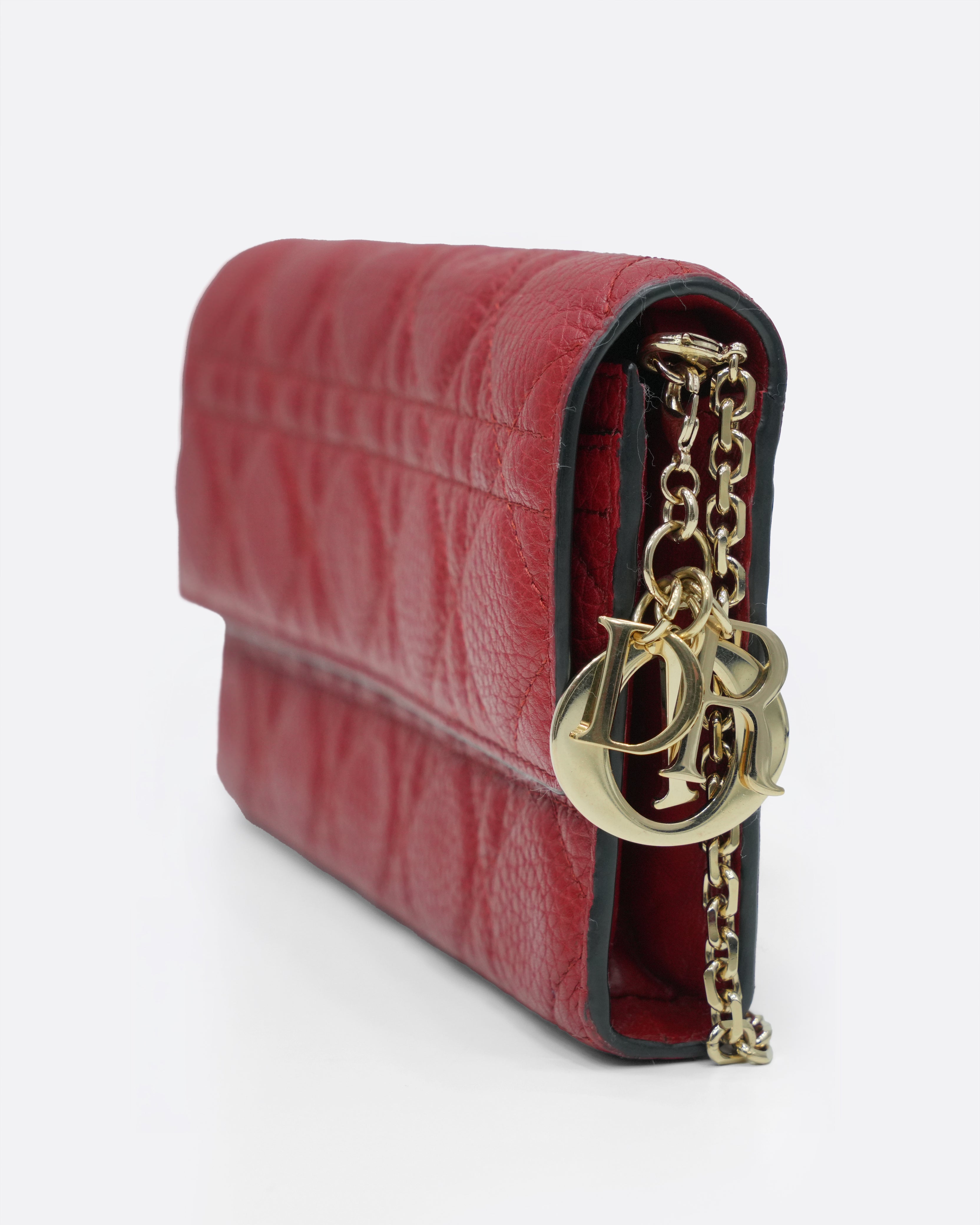 RED CANNAGE LEATHER WALLET ON CHAIN WITH LIGHT GOLD HARDWARE