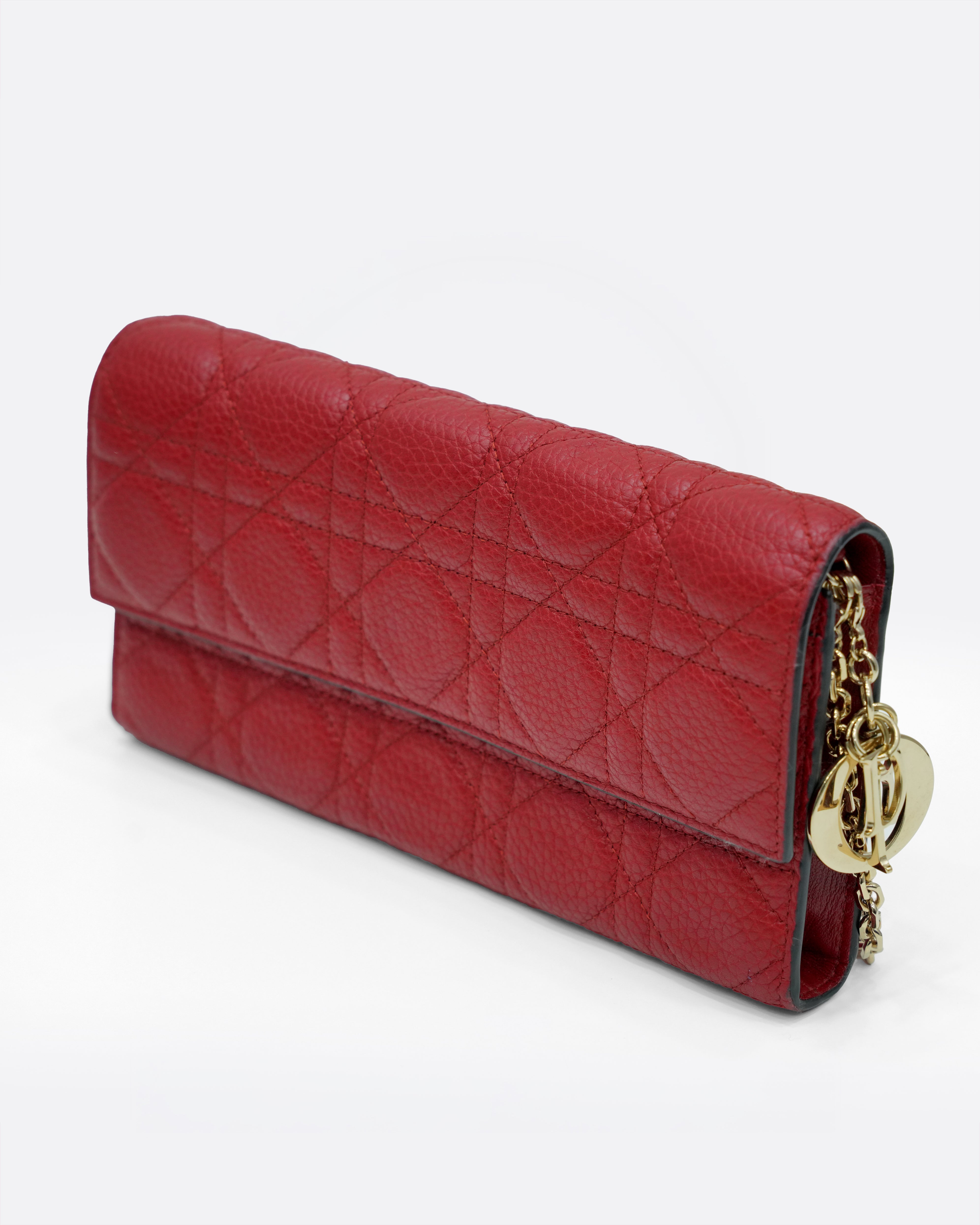 RED CANNAGE LEATHER WALLET ON CHAIN WITH LIGHT GOLD HARDWARE