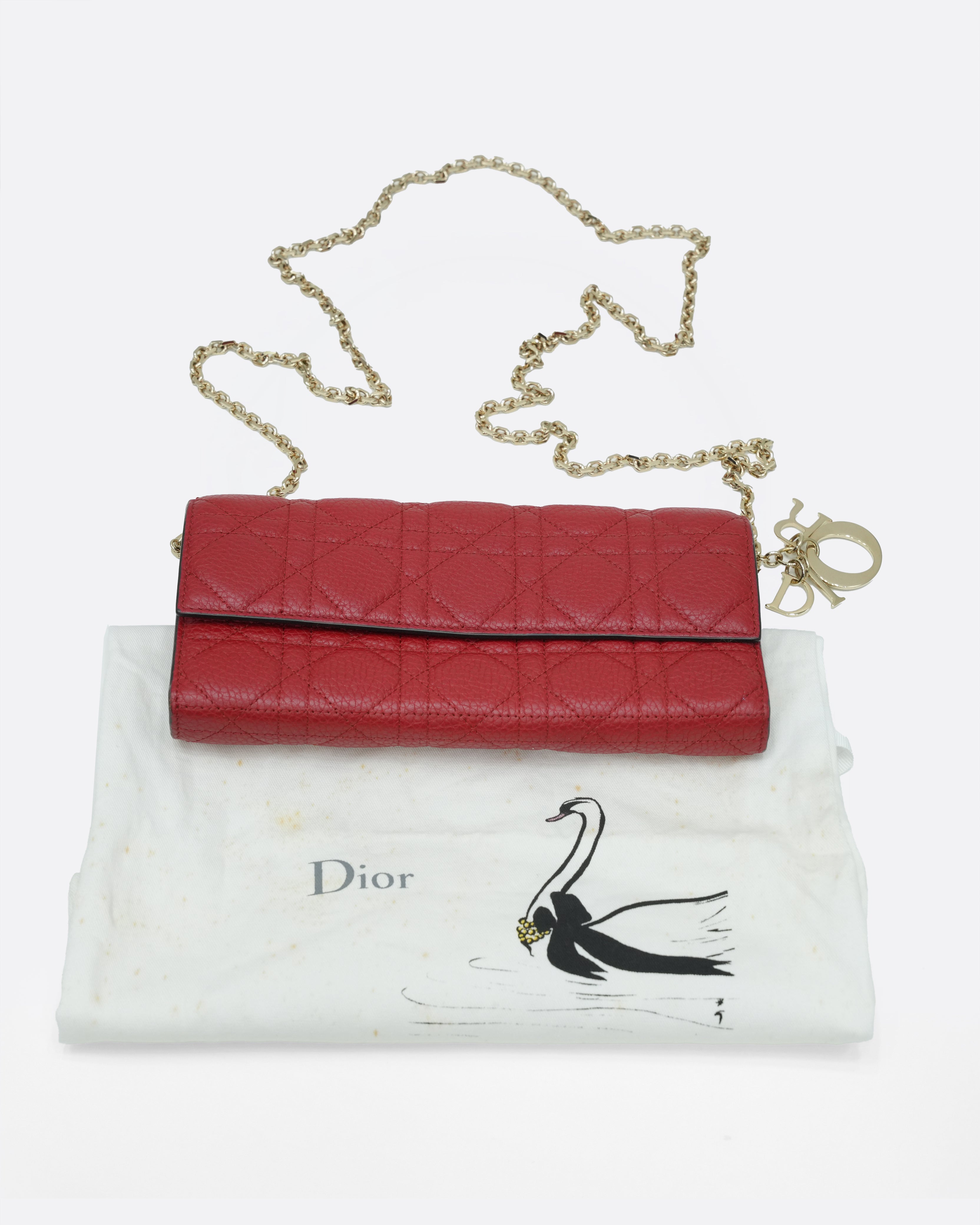 RED CANNAGE LEATHER WALLET ON CHAIN WITH LIGHT GOLD HARDWARE