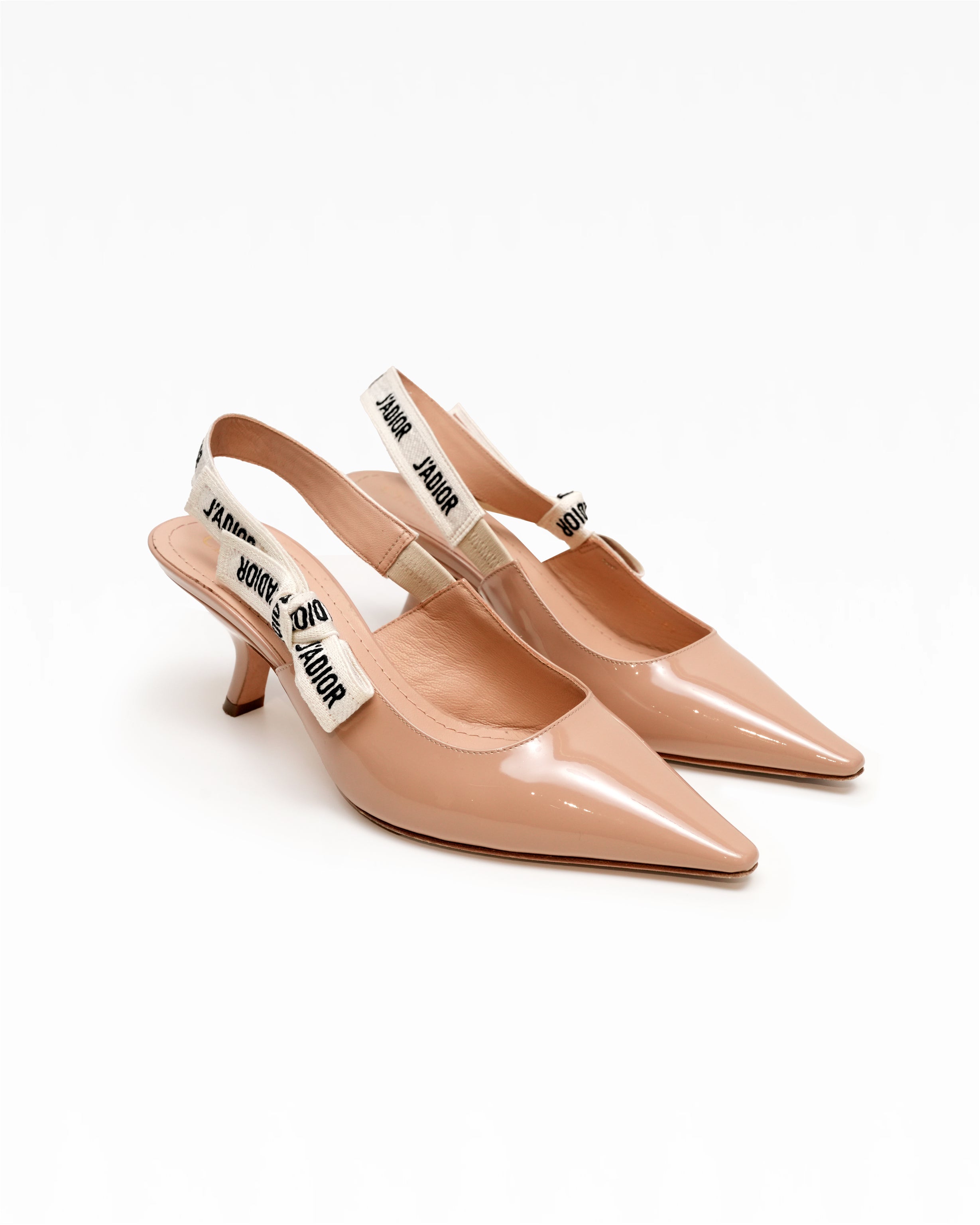 J’ADIOR PATENT LEATHER X FABRIC STRAP SLINGBACK PUMPS BEIGE X IVORY - SIZE 37