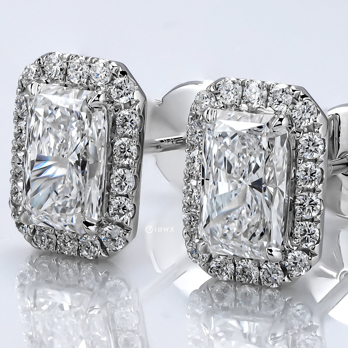 ABBEY WHITEGOLD HALO STUD EARRINGS 1CT EACH RADIANT CUT LAB DIAMOND