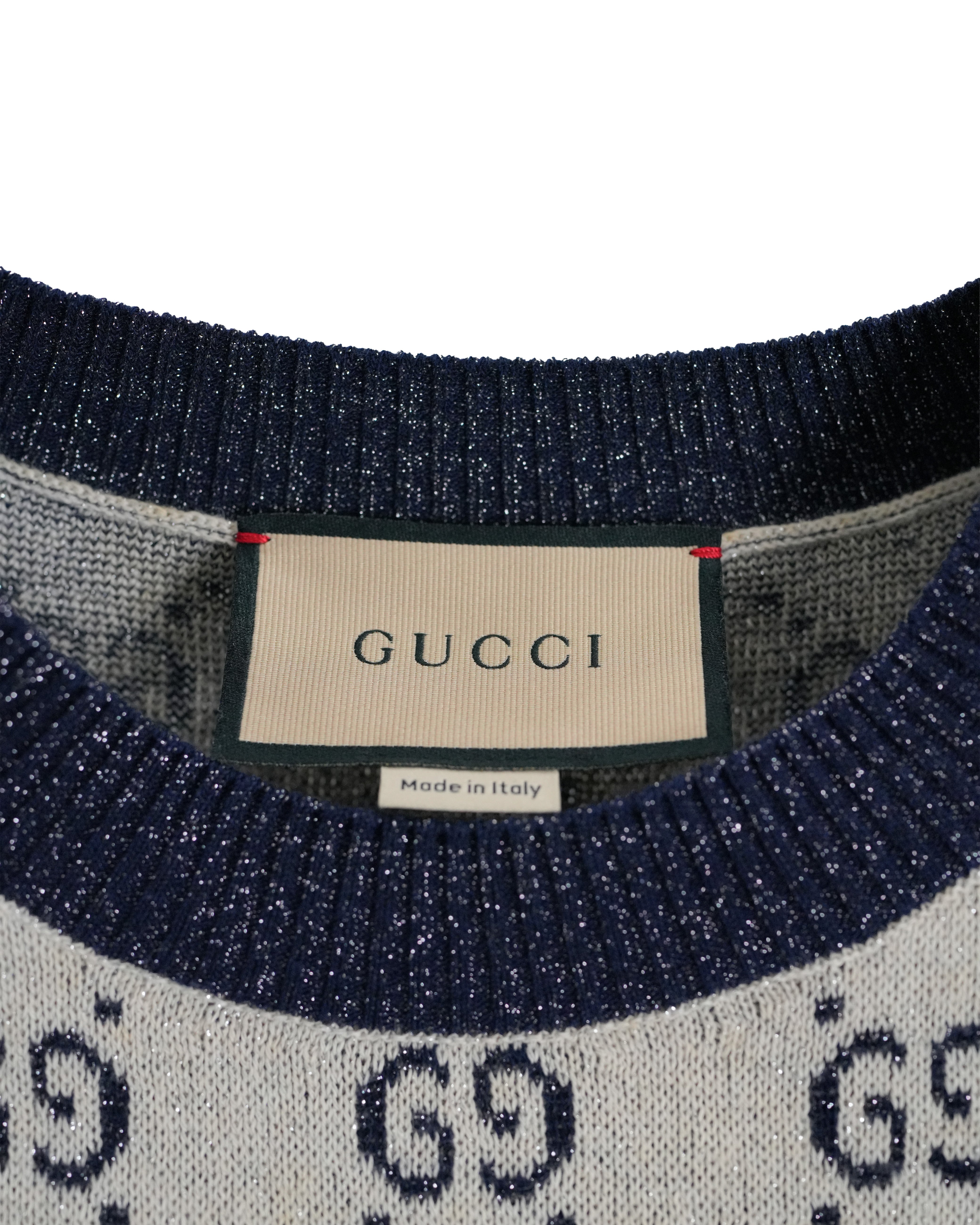 GUCCI GG LAME JACQUARD TOP SHORT SLEEVE KNIT IVORY GRAY