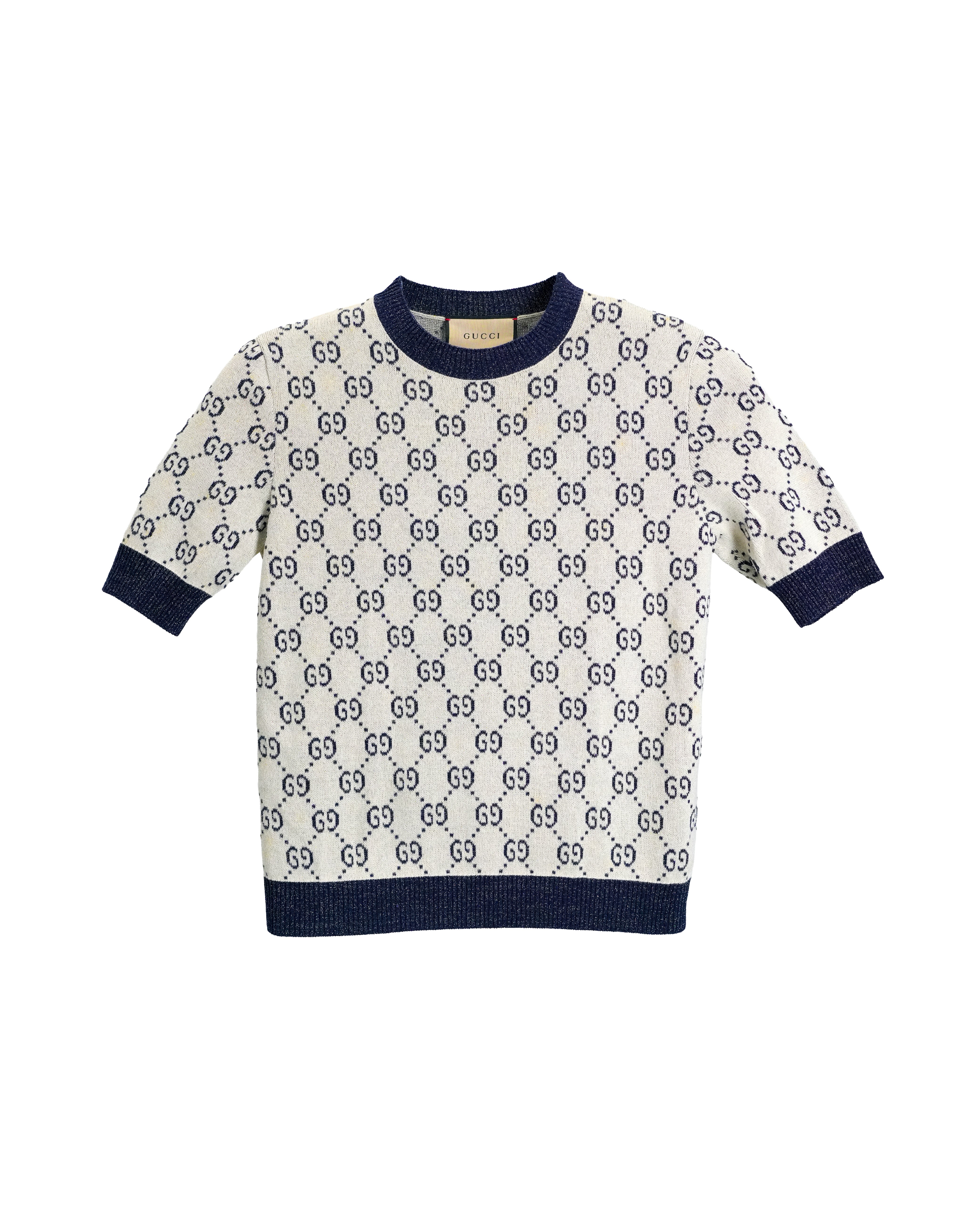 GUCCI GG LAME JACQUARD TOP SHORT SLEEVE KNIT IVORY GRAY