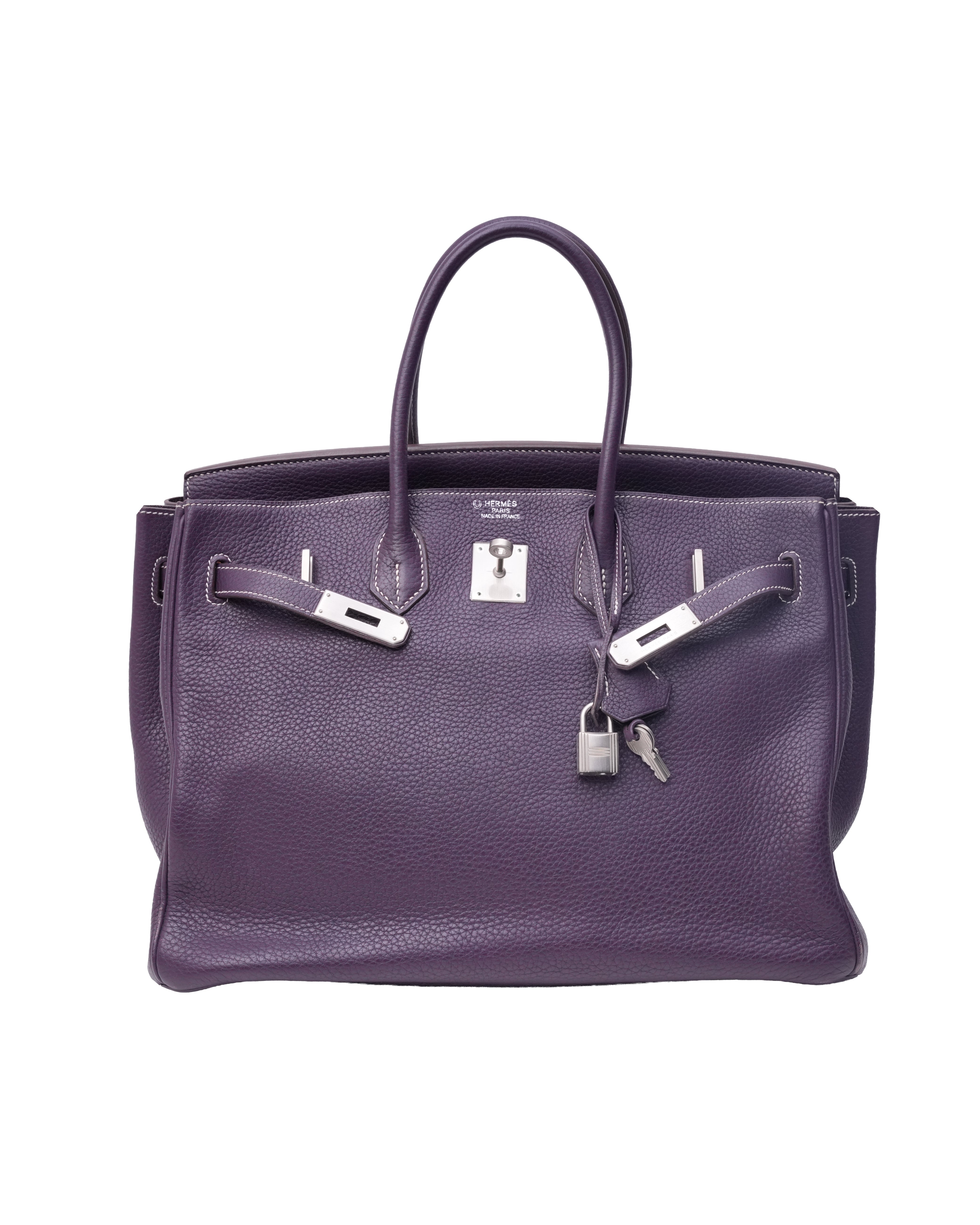 BIRKIN 35 RAISIN CLEMENCE LEATHER BRUSHED PALLADIUM HARDWARE STAMP N
