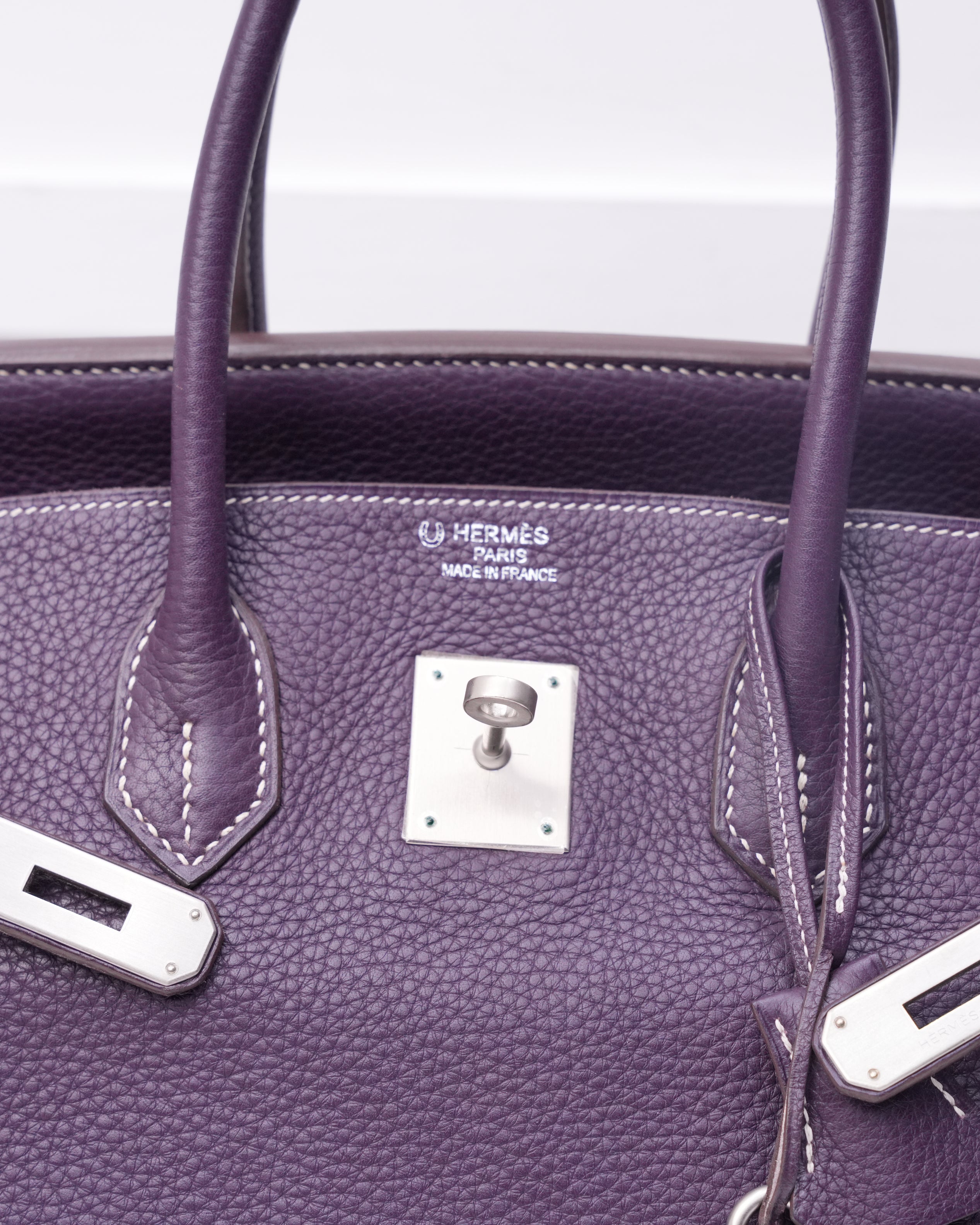 BIRKIN 35 RAISIN CLEMENCE LEATHER BRUSHED PALLADIUM HARDWARE STAMP N