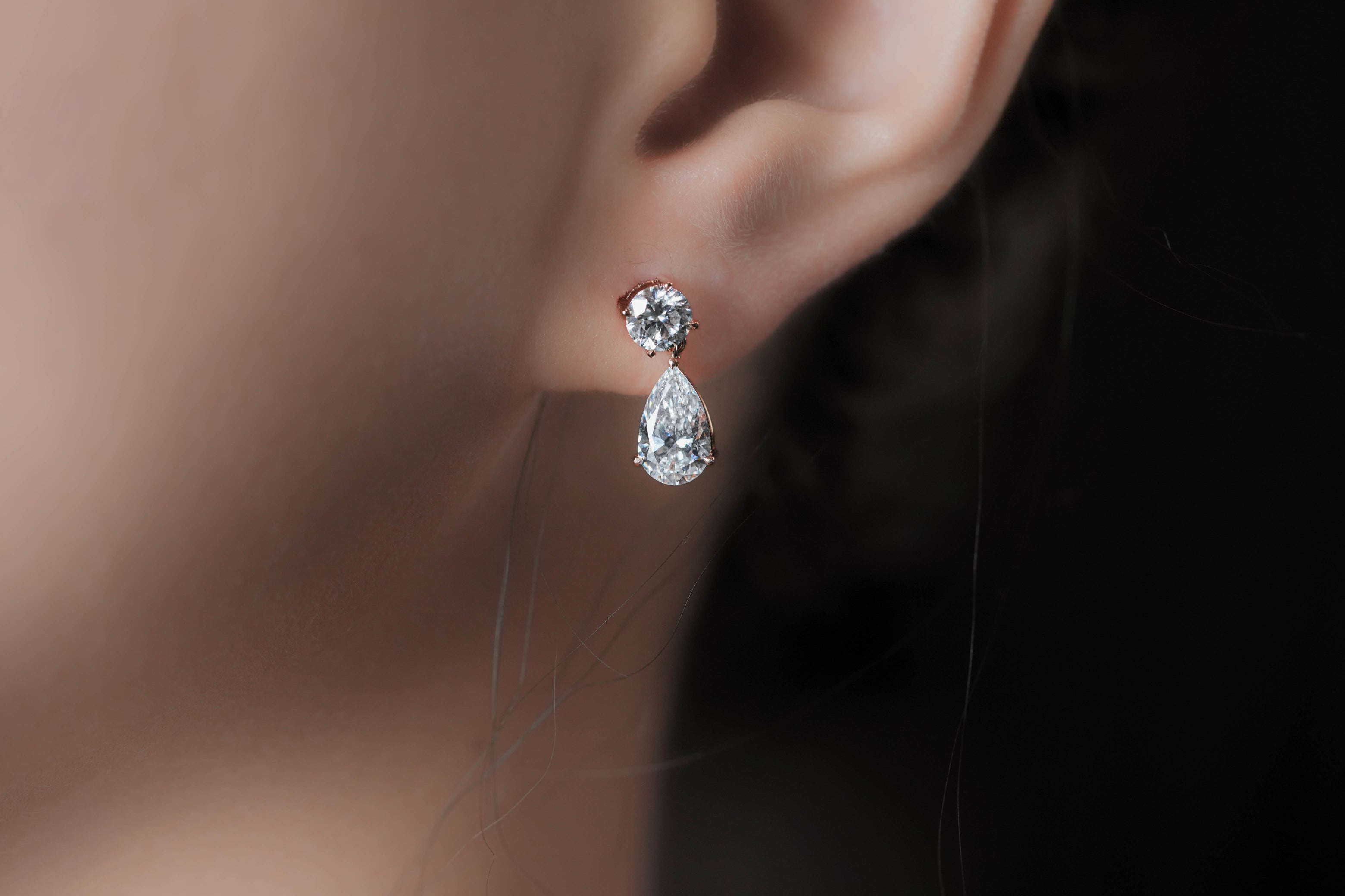 AMARIS DROP EARRINGS 1CT PEAR & 0.5CT ROUND CUT EACH LAB DIAMOND