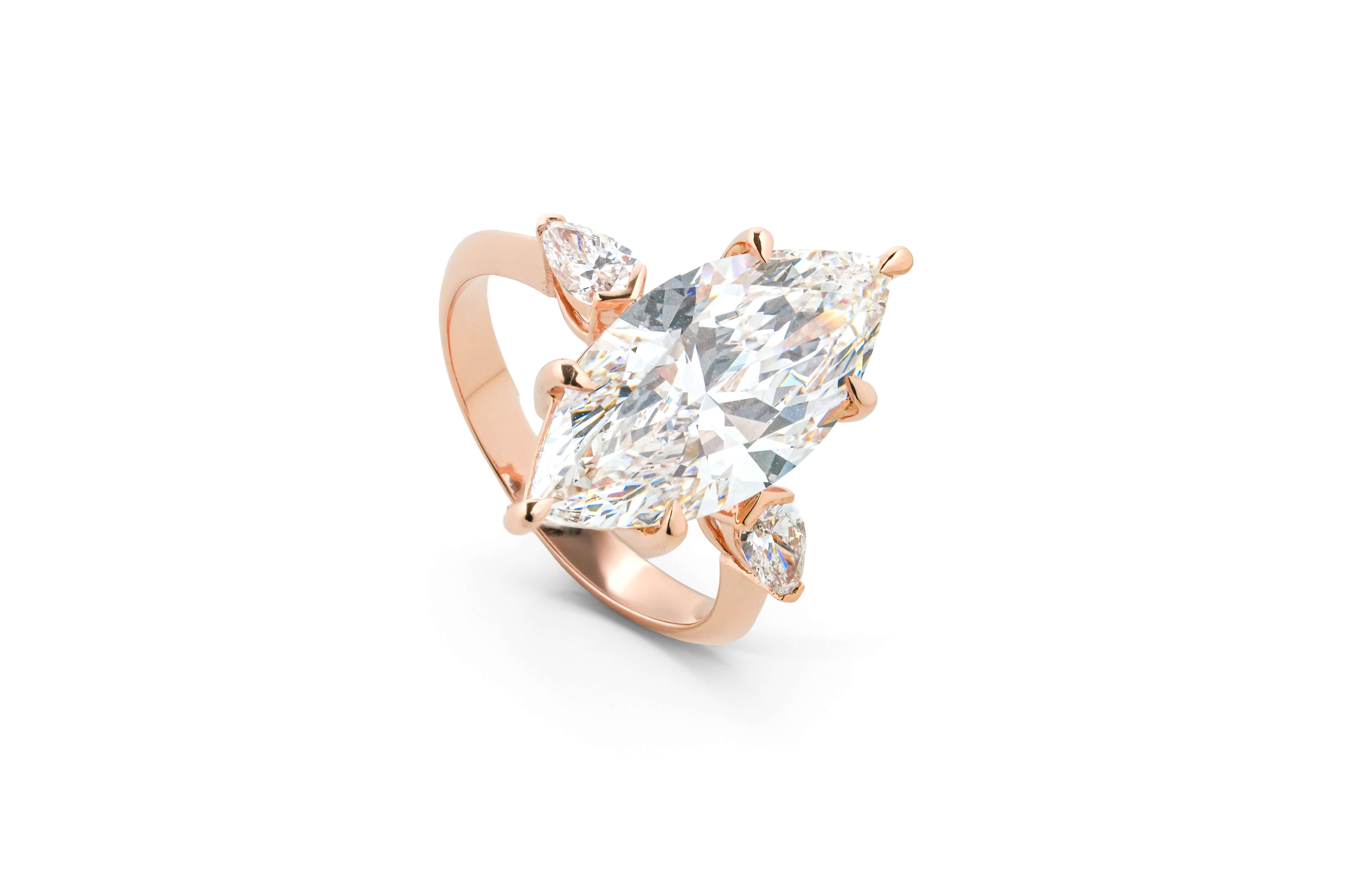 EMILY ROSEGOLD THREE STONE RING 5CT MARQUISE CUT LAB DIAMOND