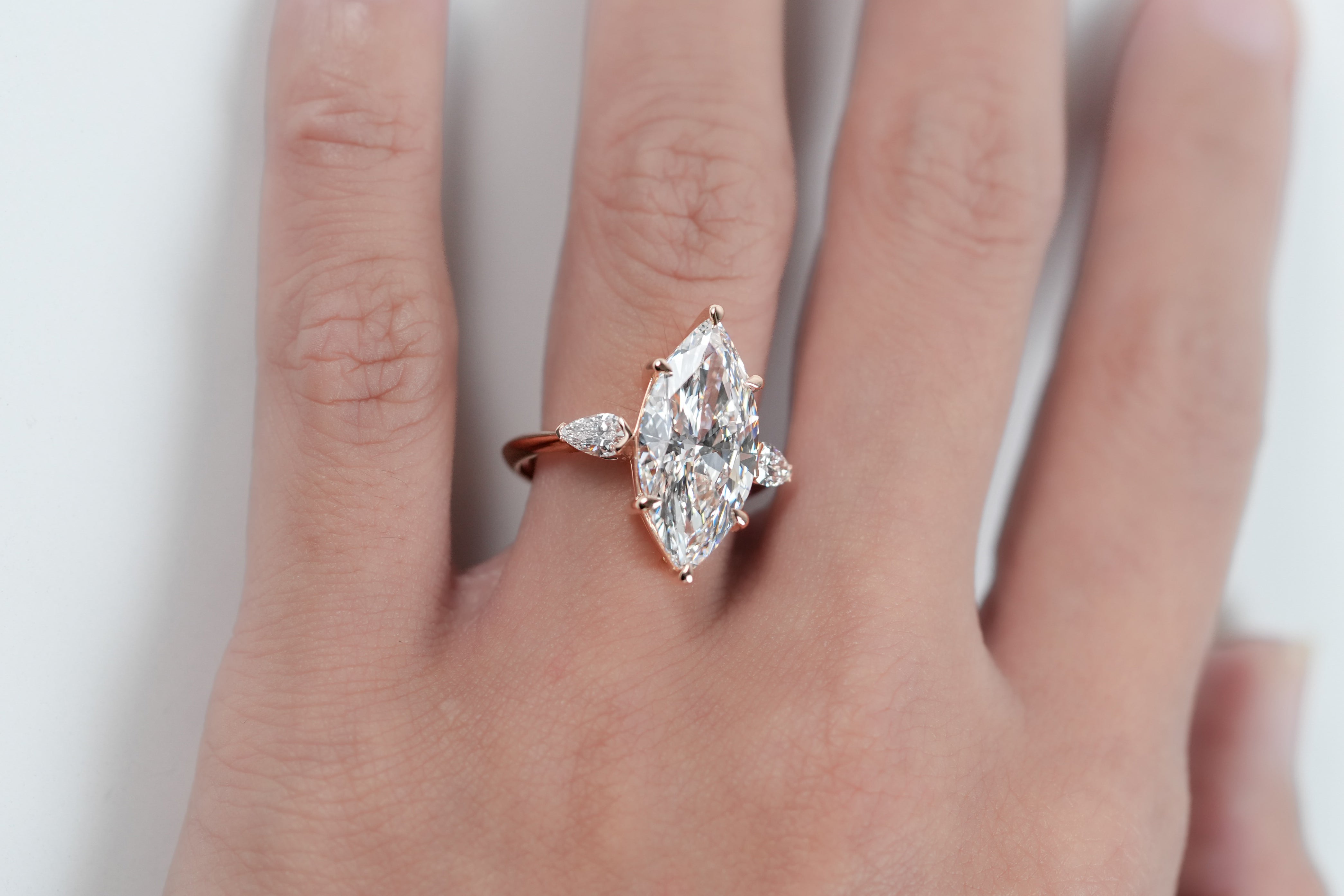 EMILY ROSEGOLD THREE STONE RING 5CT MARQUISE CUT LAB DIAMOND
