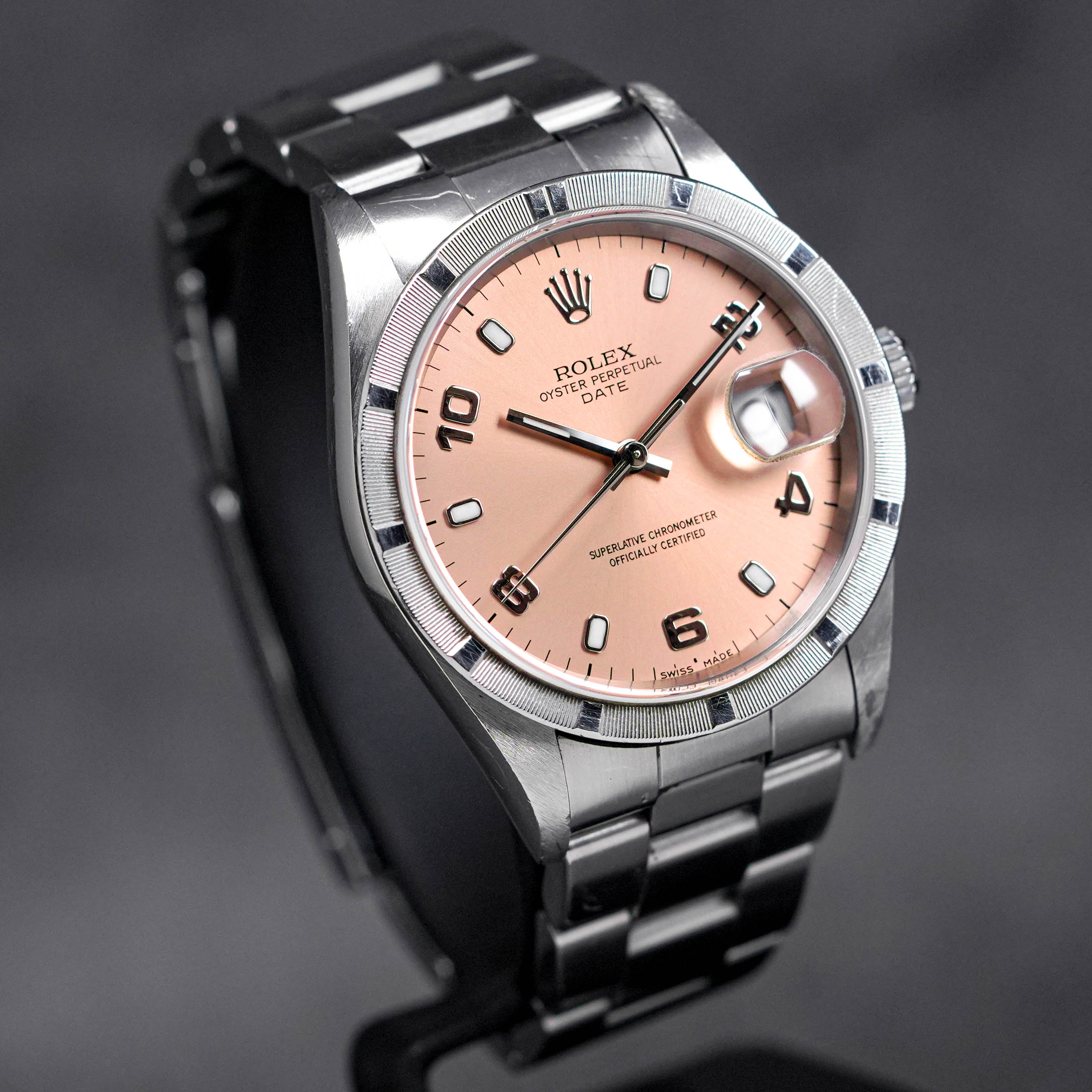 OYSTER PERPETUAL DATE 34MM 15210 ENGINE-TURNED BEZEL SALMON DIAL 'P SERIES' (WATCH ONLY-CIRCA 2000)