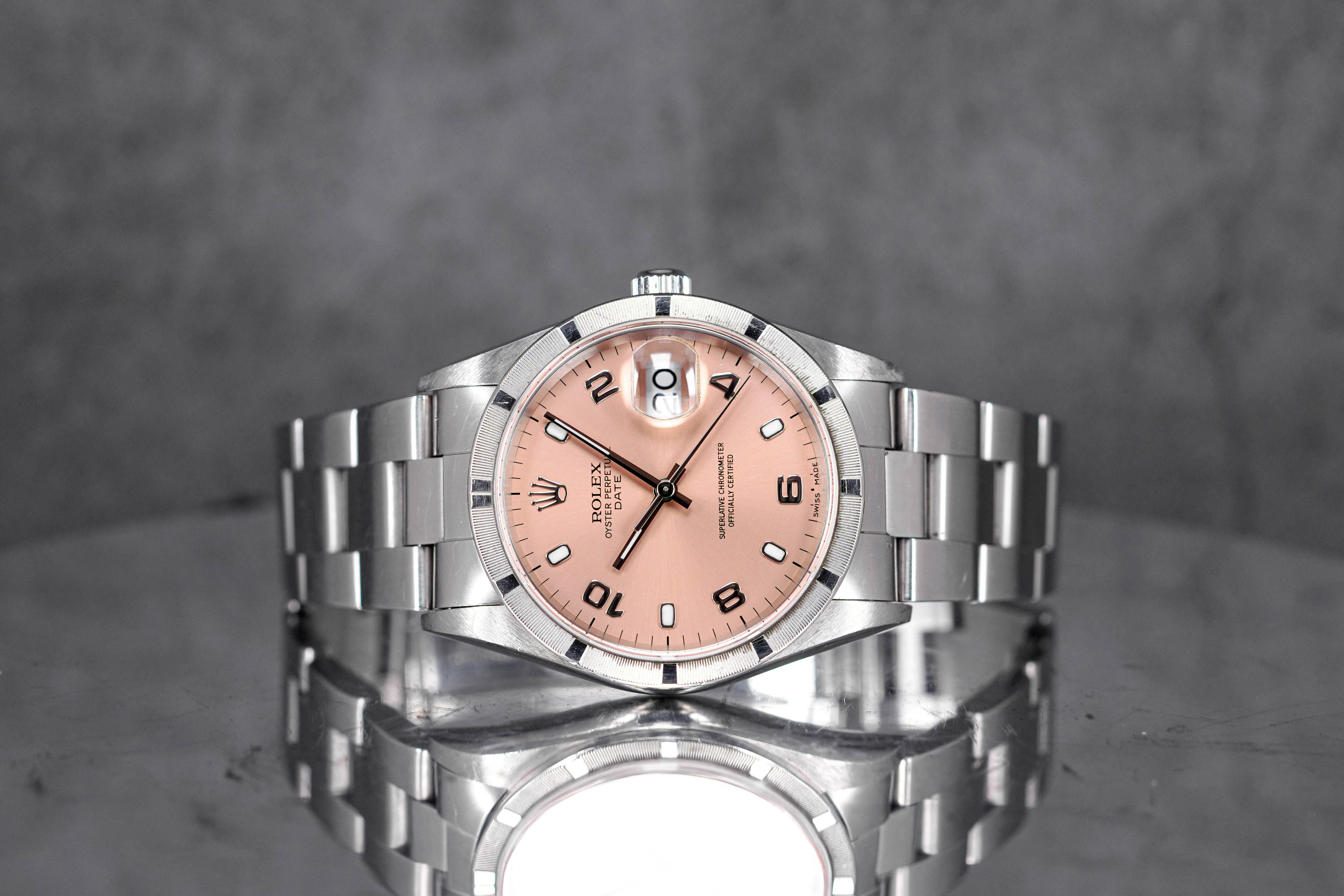 OYSTER PERPETUAL DATE 34MM 15210 ENGINE-TURNED BEZEL SALMON DIAL 'P SERIES' (WATCH ONLY-CIRCA 2000)
