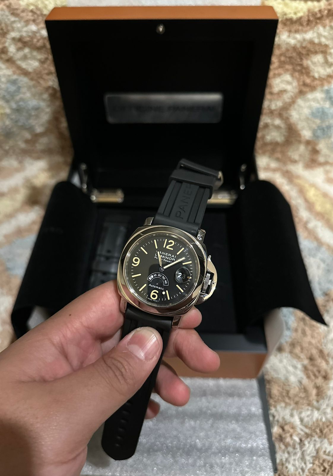 LUMINOR POWER RESERVE 44MM BLACK DIAL PAM 27 AFTERMARKET RUBBER STRAP (WATCH & BOX ONLY)