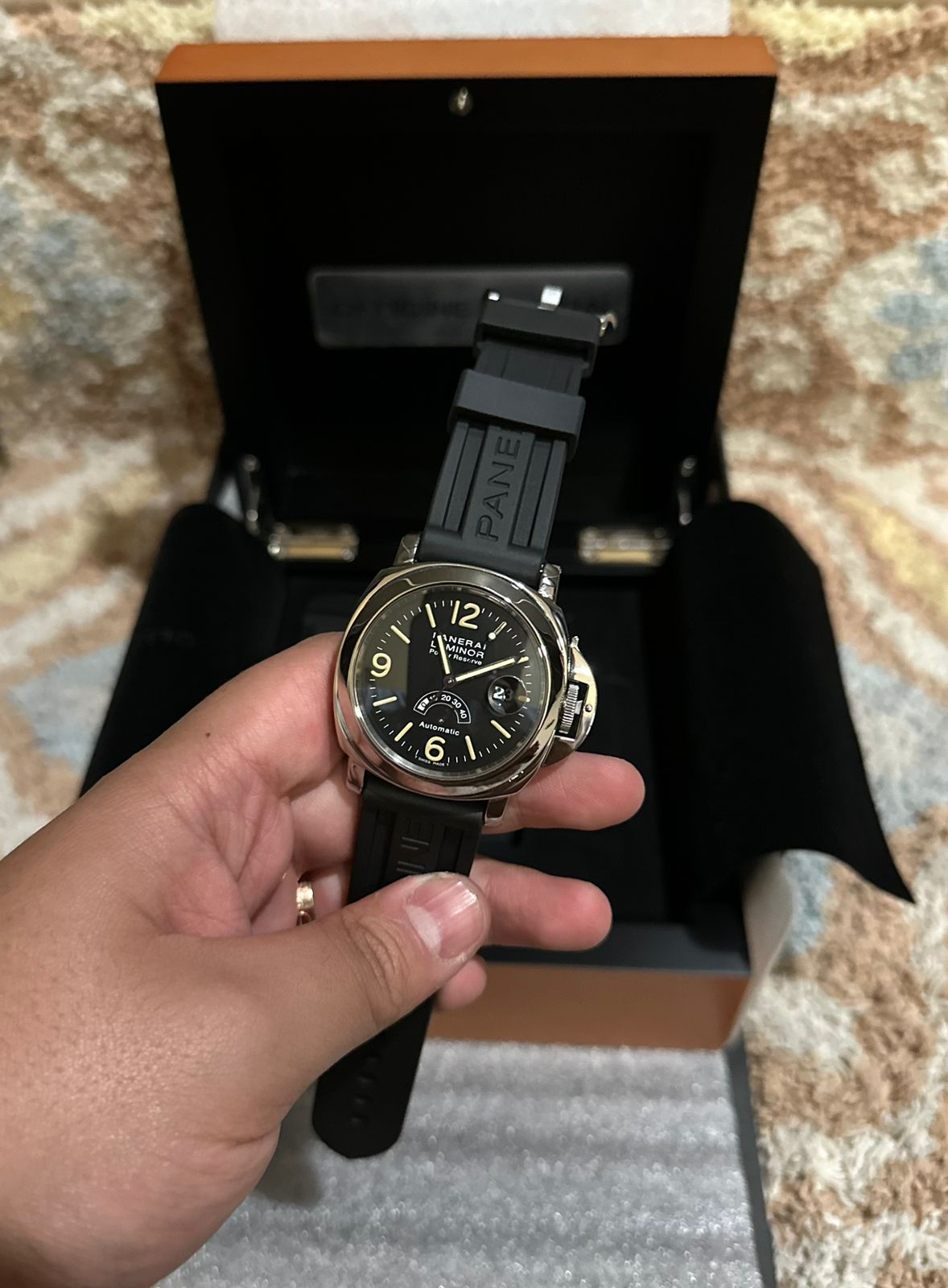 LUMINOR POWER RESERVE 44MM BLACK DIAL PAM 27 AFTERMARKET RUBBER STRAP (WATCH & BOX ONLY)