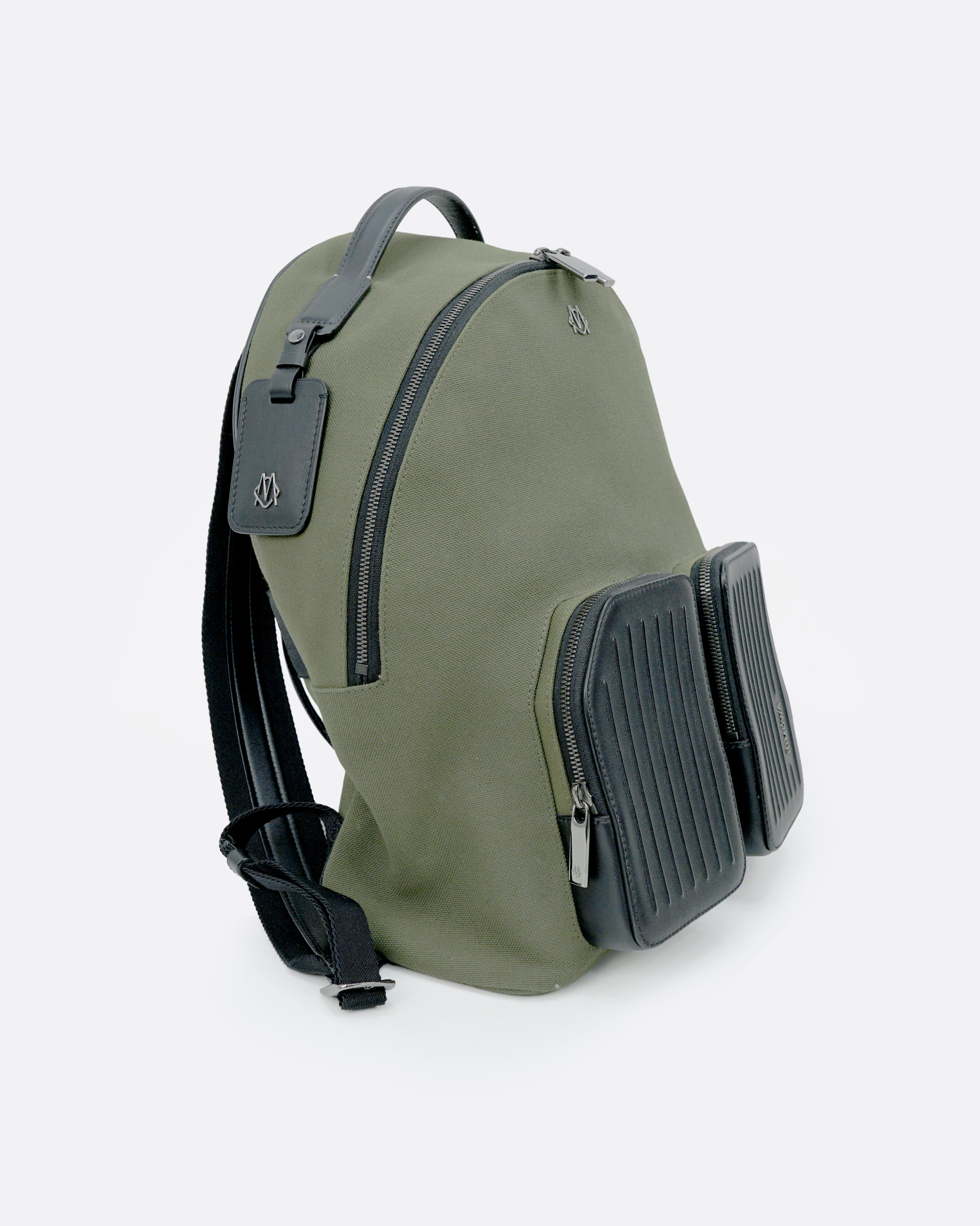 NEVER STILL BACKPACK OLIVE GREEN LEATHER-TRIMMED CANVAS