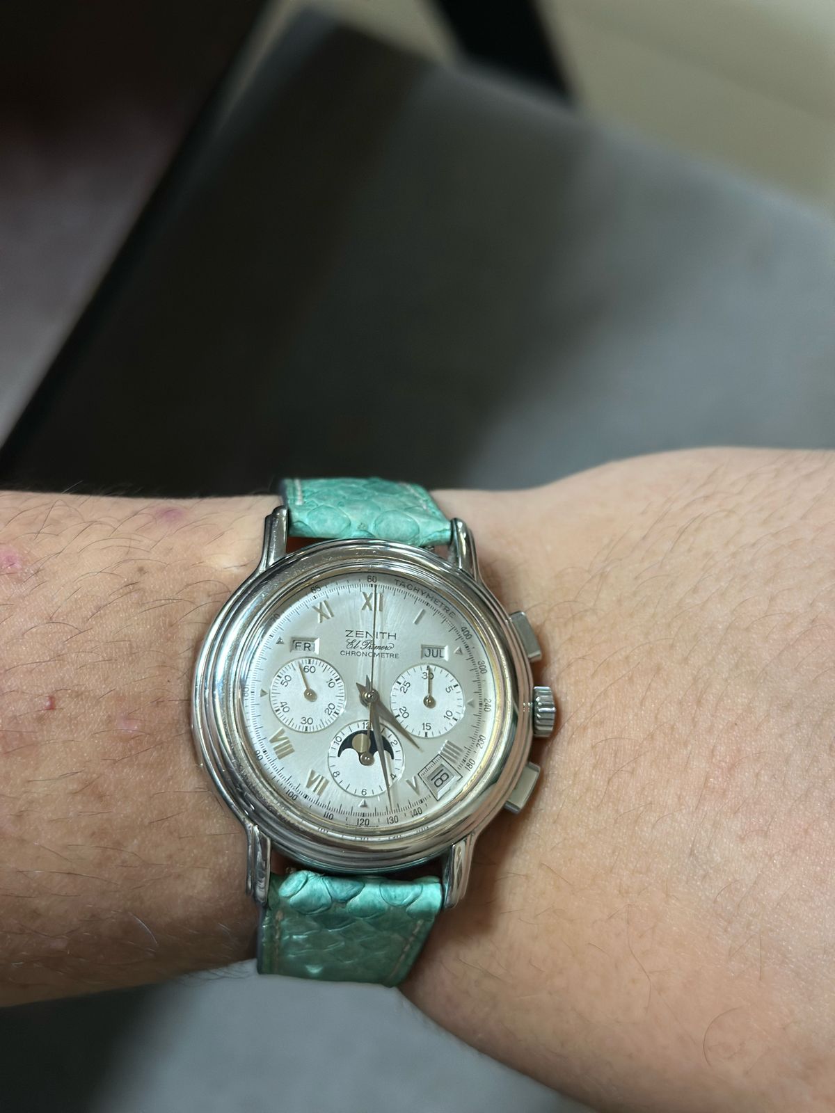 EL PRIMERO CHRONOMASTER 40MM MOONPHASE TRIPLE DATE SILVER DIAL AFTER MARKET LEATHER STRAP (1997)