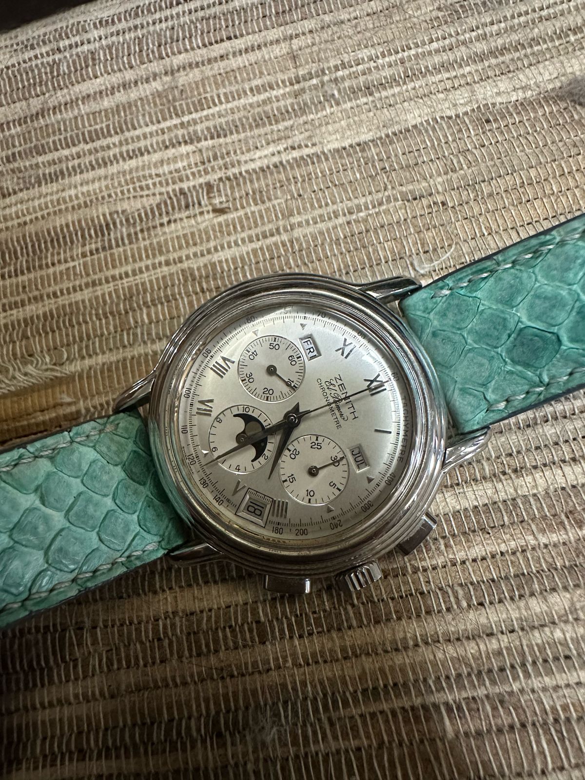 EL PRIMERO CHRONOMASTER 40MM MOONPHASE TRIPLE DATE SILVER DIAL AFTER MARKET LEATHER STRAP (1997)