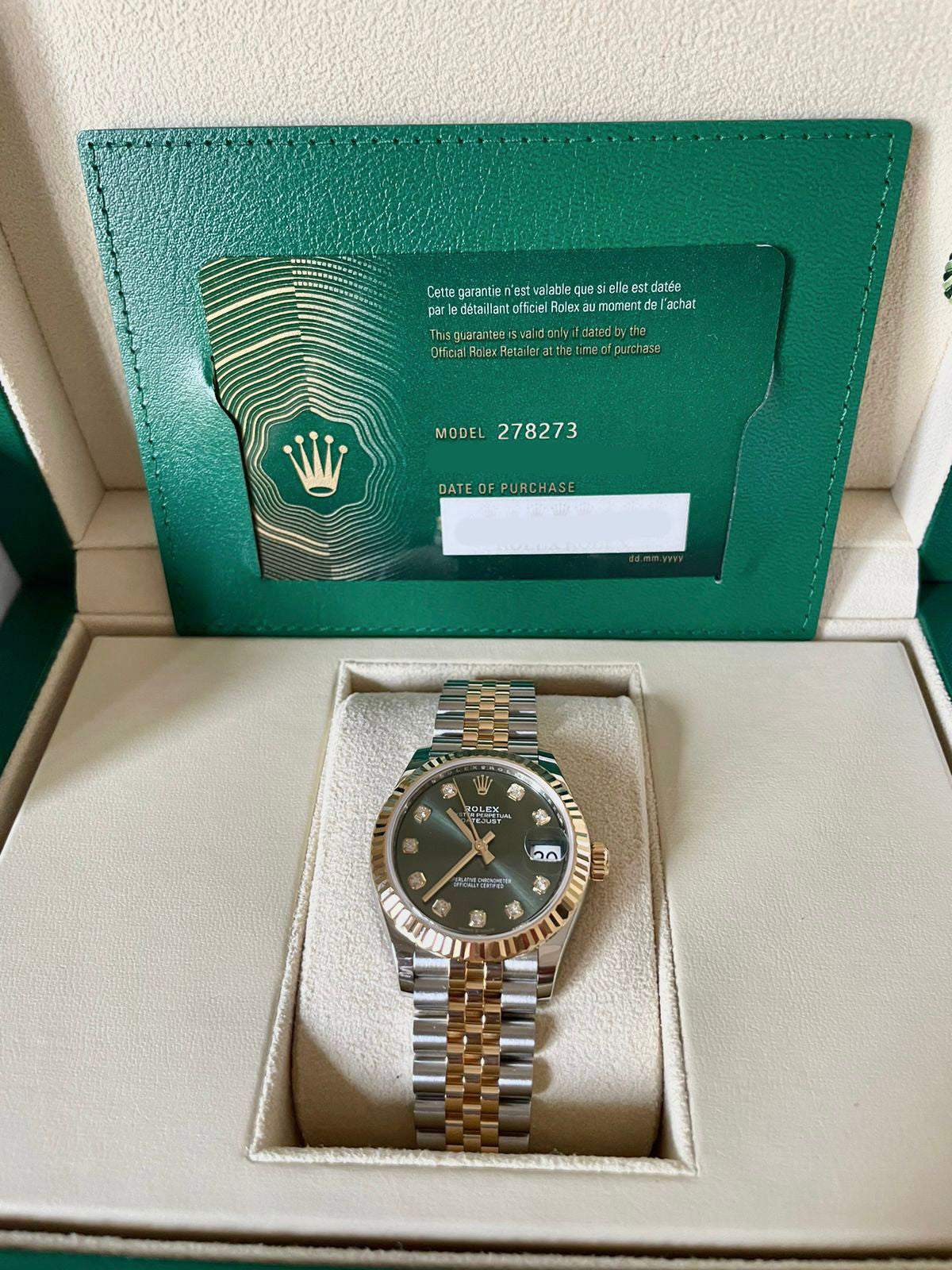 DATEJUST 31MM TWOTONE YELLOWGOLD GREEN DIAMOND DIAL (2023)