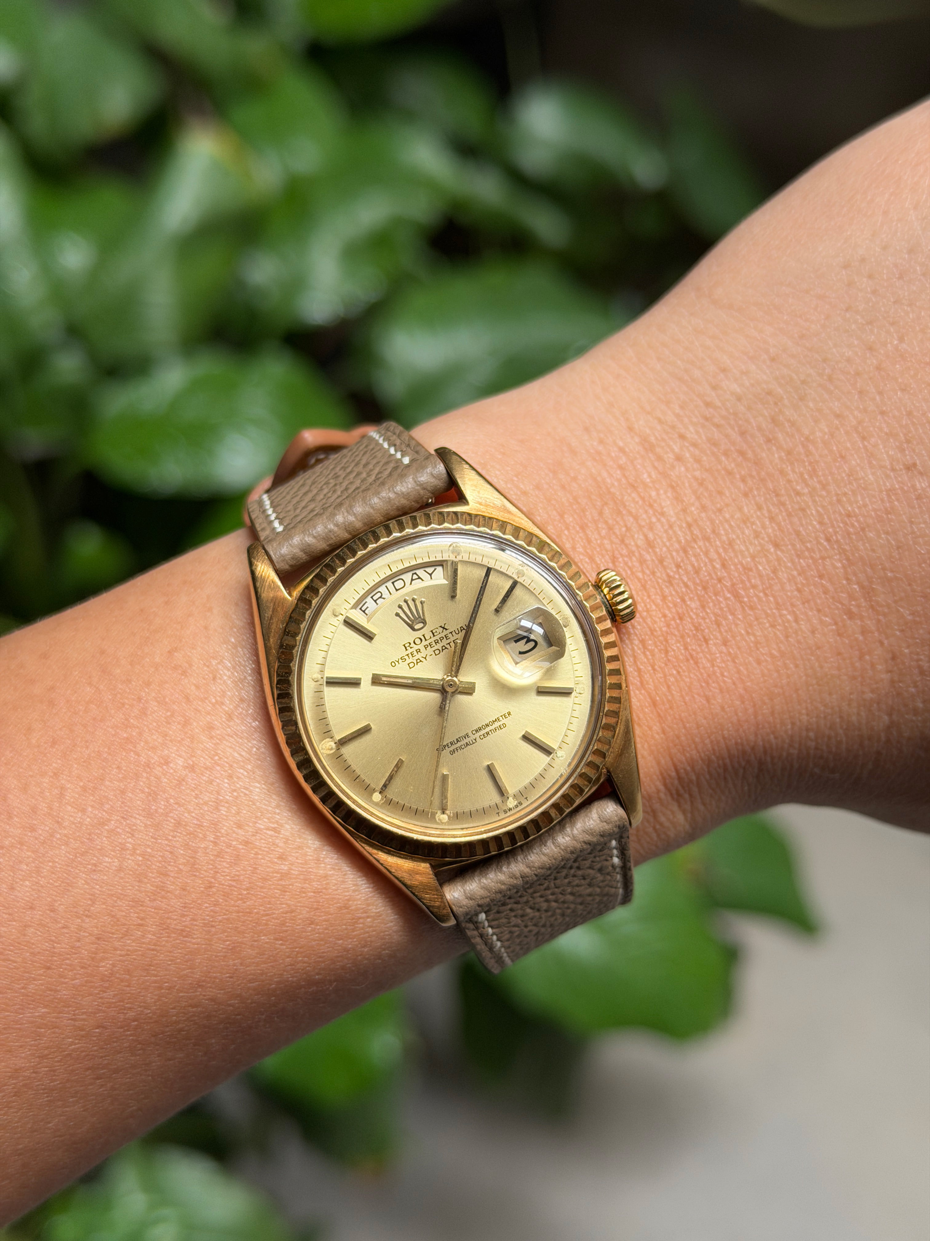 DAYDATE 36MM 1803 YELLOWGOLD CHAMPAGNE DIAL AFTERMARKET LEATHER STRAP (WATCH ONLY)