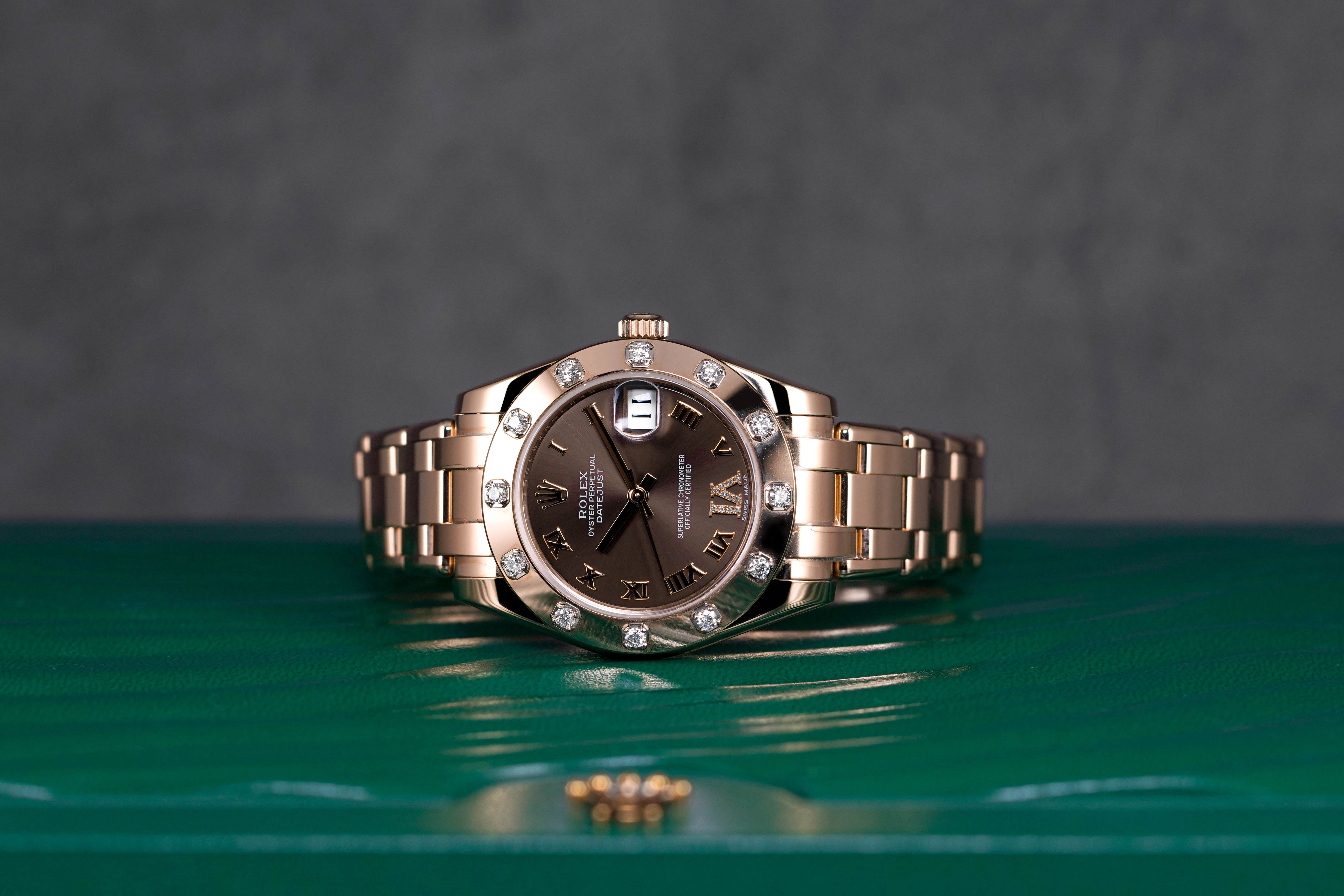 DATEJUST PEARLMASTER 34MM ROSEGOLD 18K CHOCOLATE DIAL DIAMOND ON VI (2016)