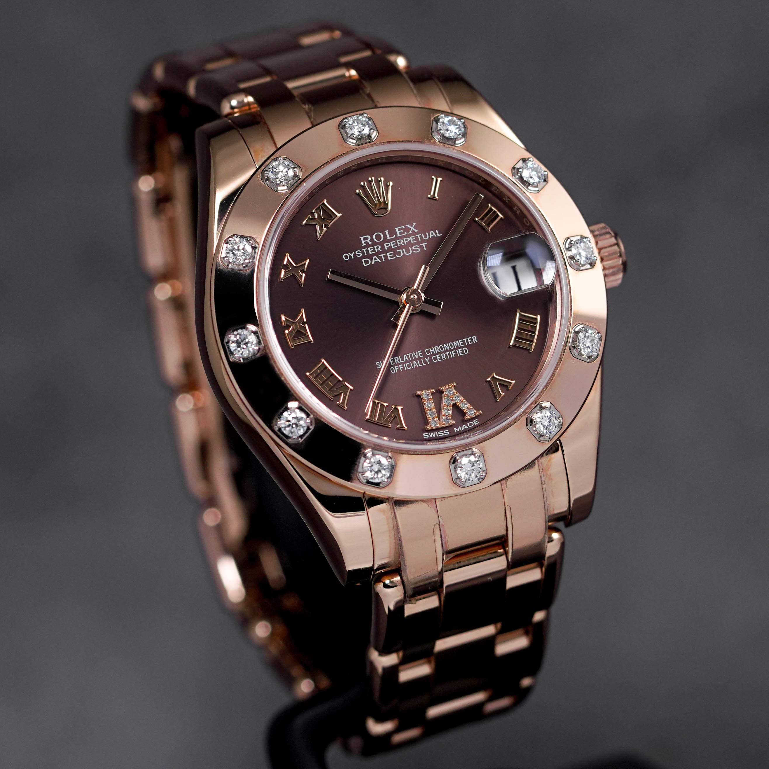 DATEJUST PEARLMASTER 34MM ROSEGOLD 18K CHOCOLATE DIAL DIAMOND ON VI (2016)