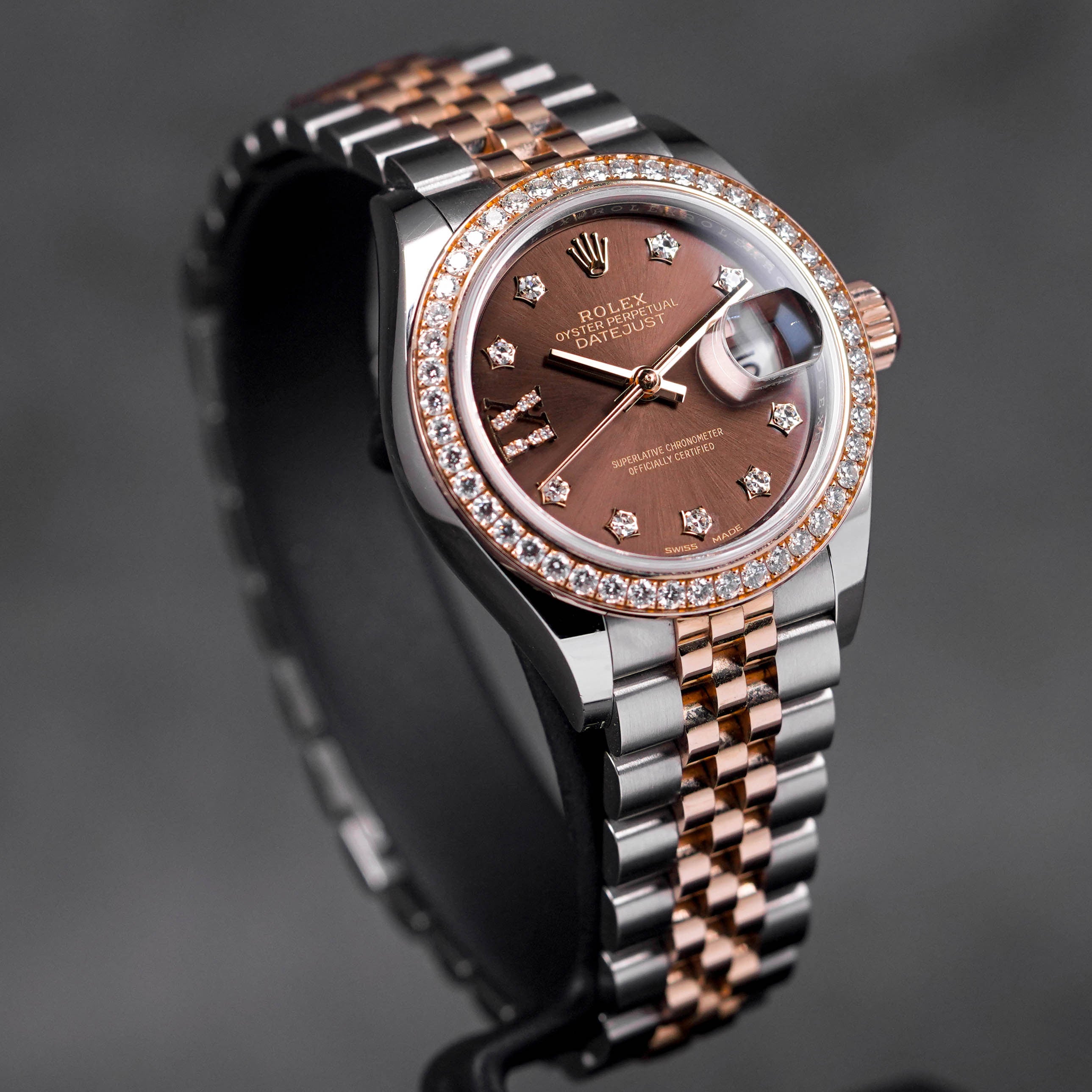 DATEJUST 28MM TWOTONE ROSEGOLD CHOCO DIAMOND RING DIAMOND DIAL (2017)