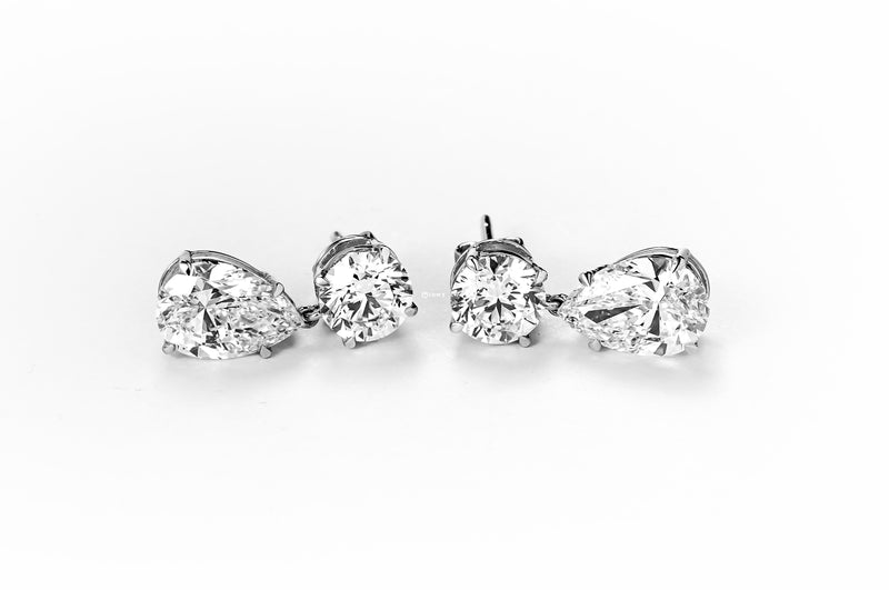 1CT ROUND & 2CT PEAR BRILLIANT DOUBLE STUD DROP EARRINGS