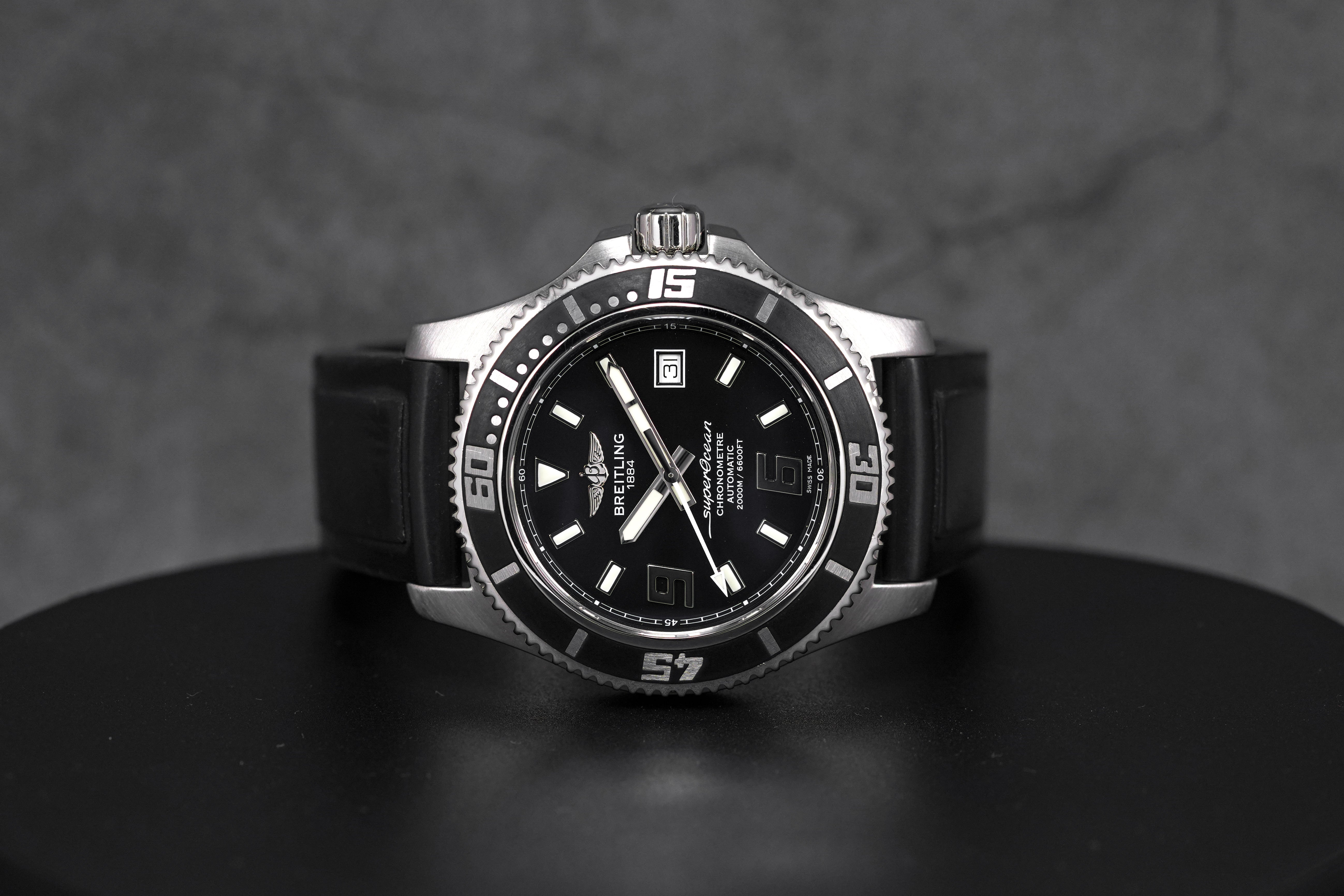 SUPEROCEAN 44MM STEEL BLACK DIAL RUBBER STRAP (WATCH ONLY)