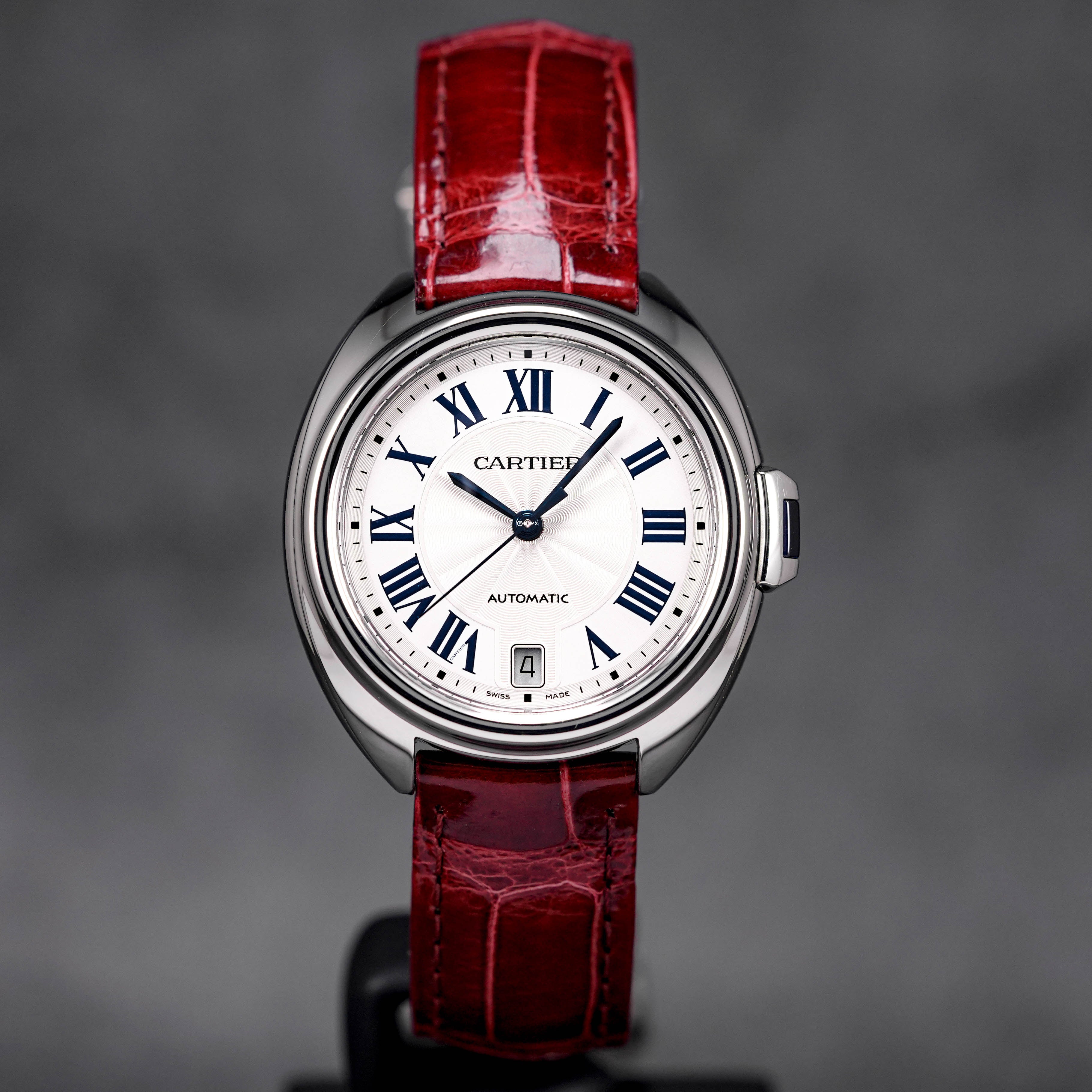 CLÉ DE CARTIER STEEL SILVER DIAL RED ALLIGATOR STRAP (2022)