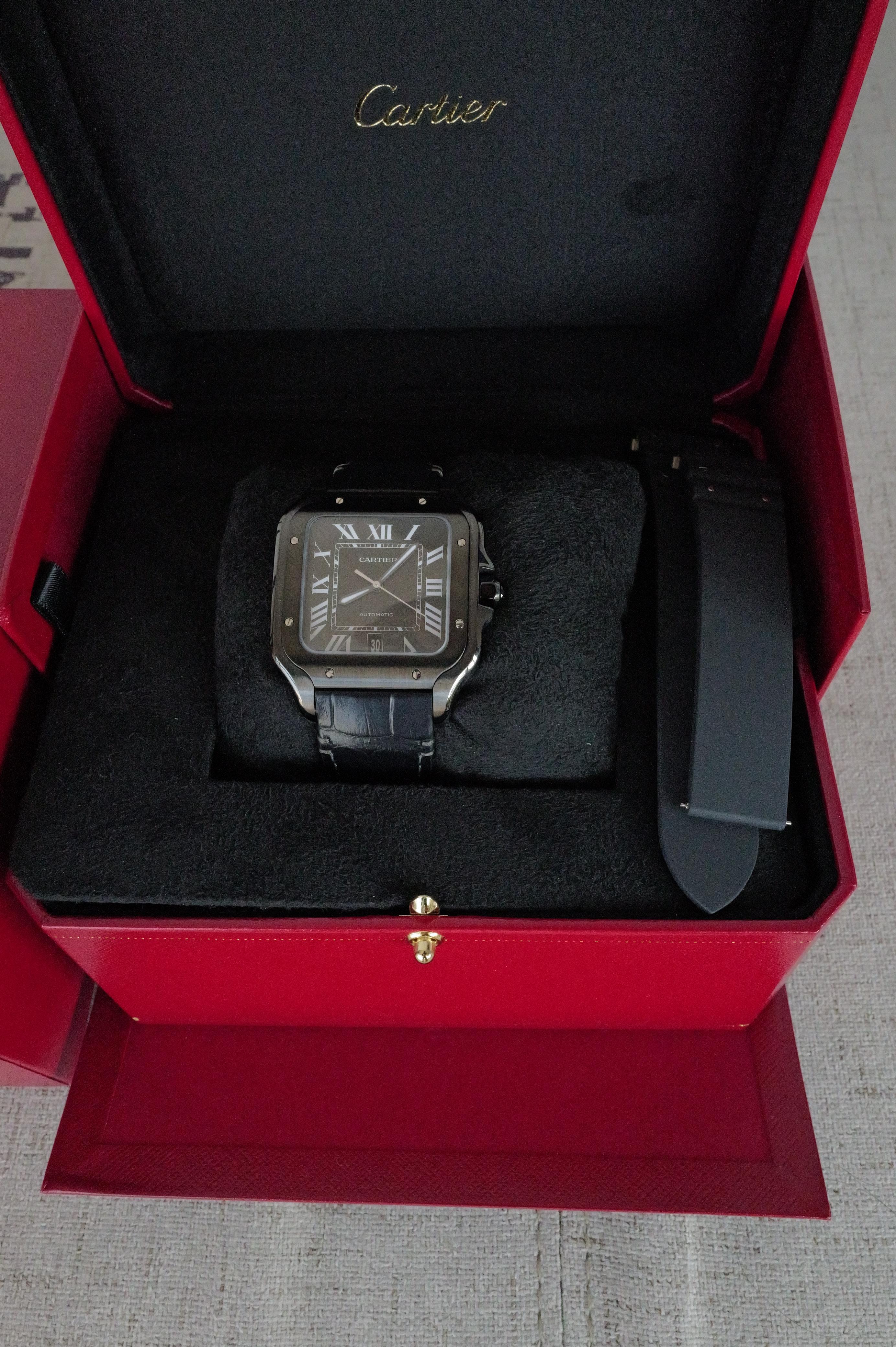 CARTIER SANTOS DE CARTIER AUTOMATIC LARGE BLACK LEATHER STRAP