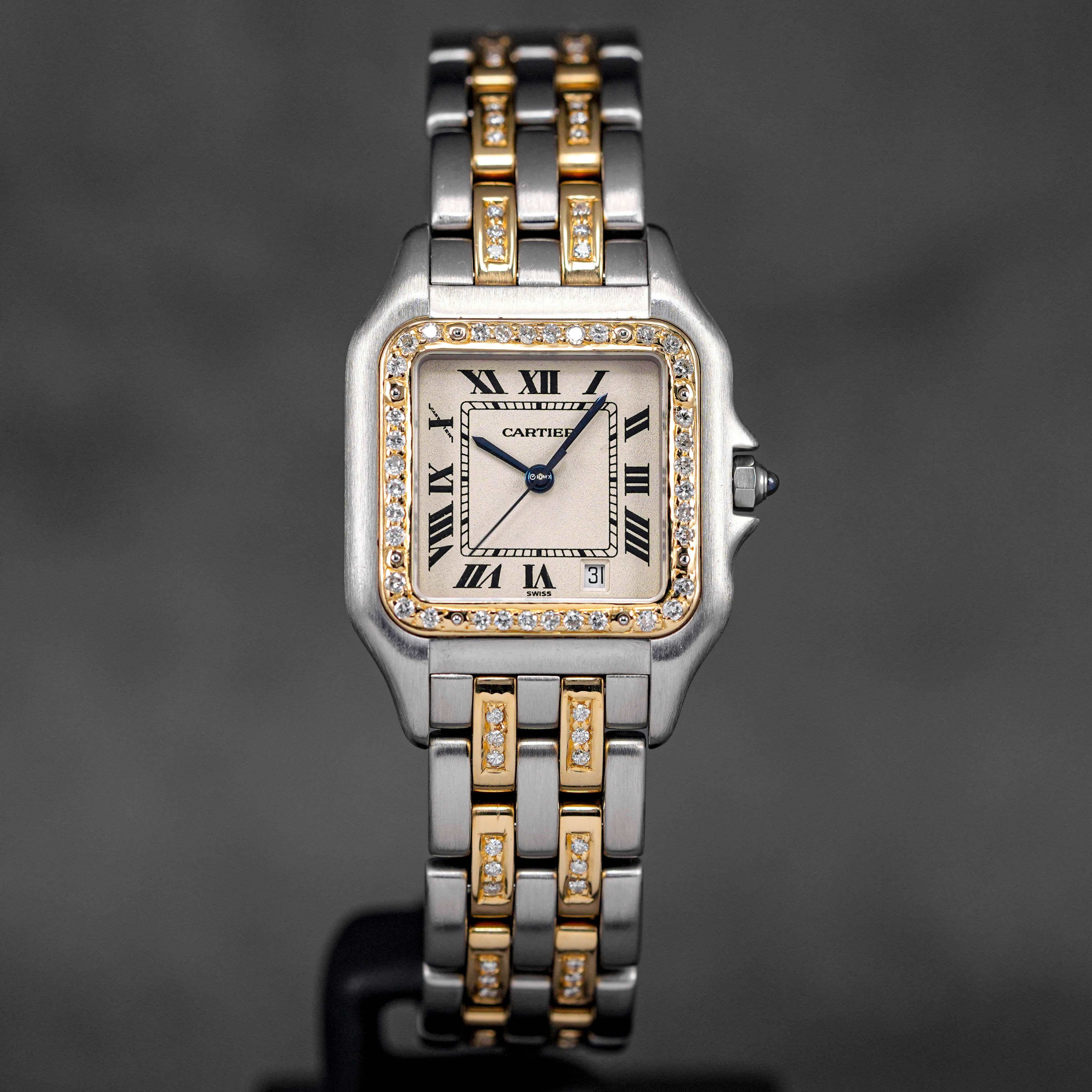 PANTHERE TWOTONE YELLOWGOLD DIAMOND SET BEZEL WHITE DIAL QUARTZ (WATCH ONLY)