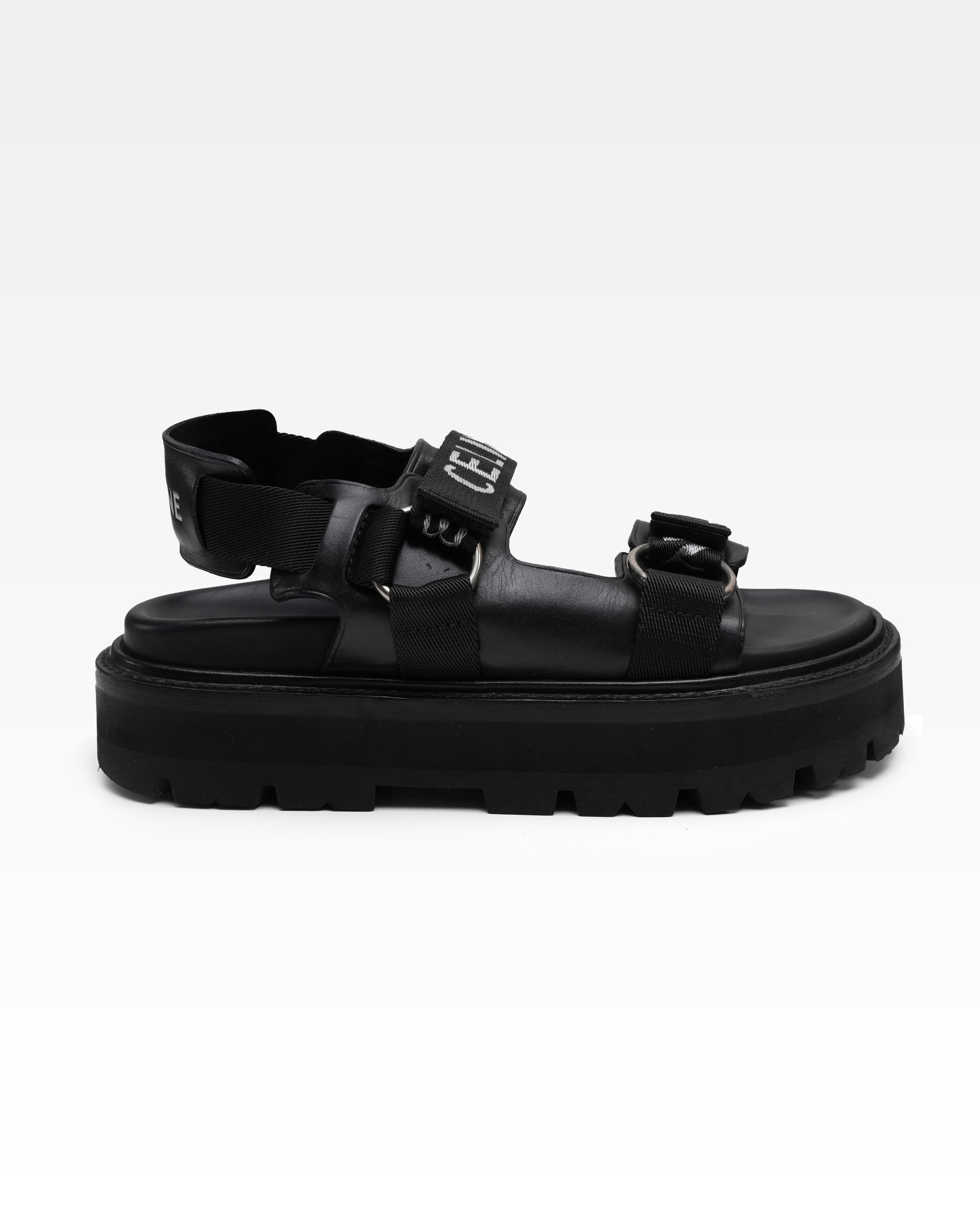 HEDI PERIOD LEATHER X FABRIC SANDALS LADIES BLACK X WHITE LOGO VELCRO STRAP THICK BOTTOM