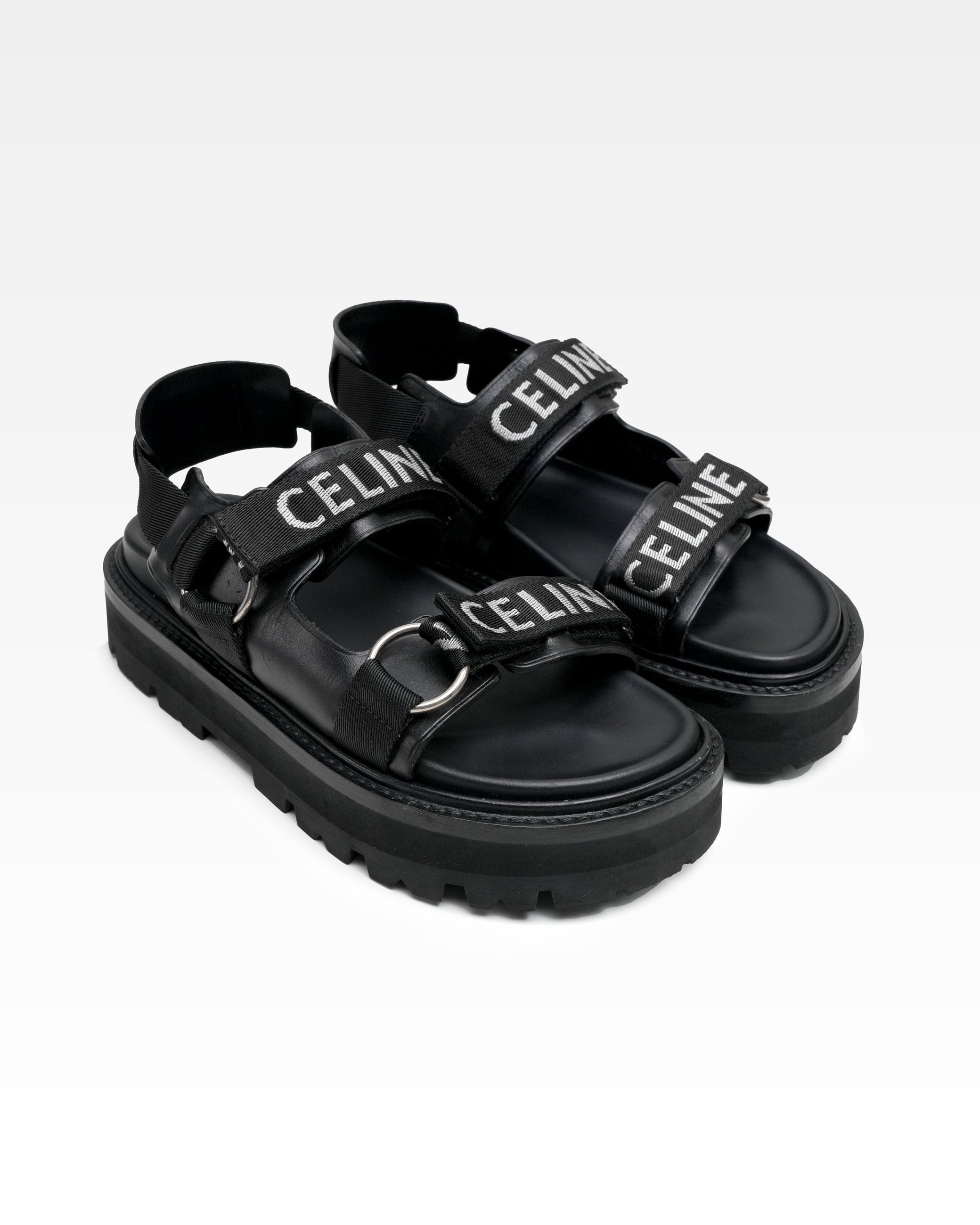 HEDI PERIOD LEATHER X FABRIC SANDALS LADIES BLACK X WHITE LOGO VELCRO STRAP THICK BOTTOM