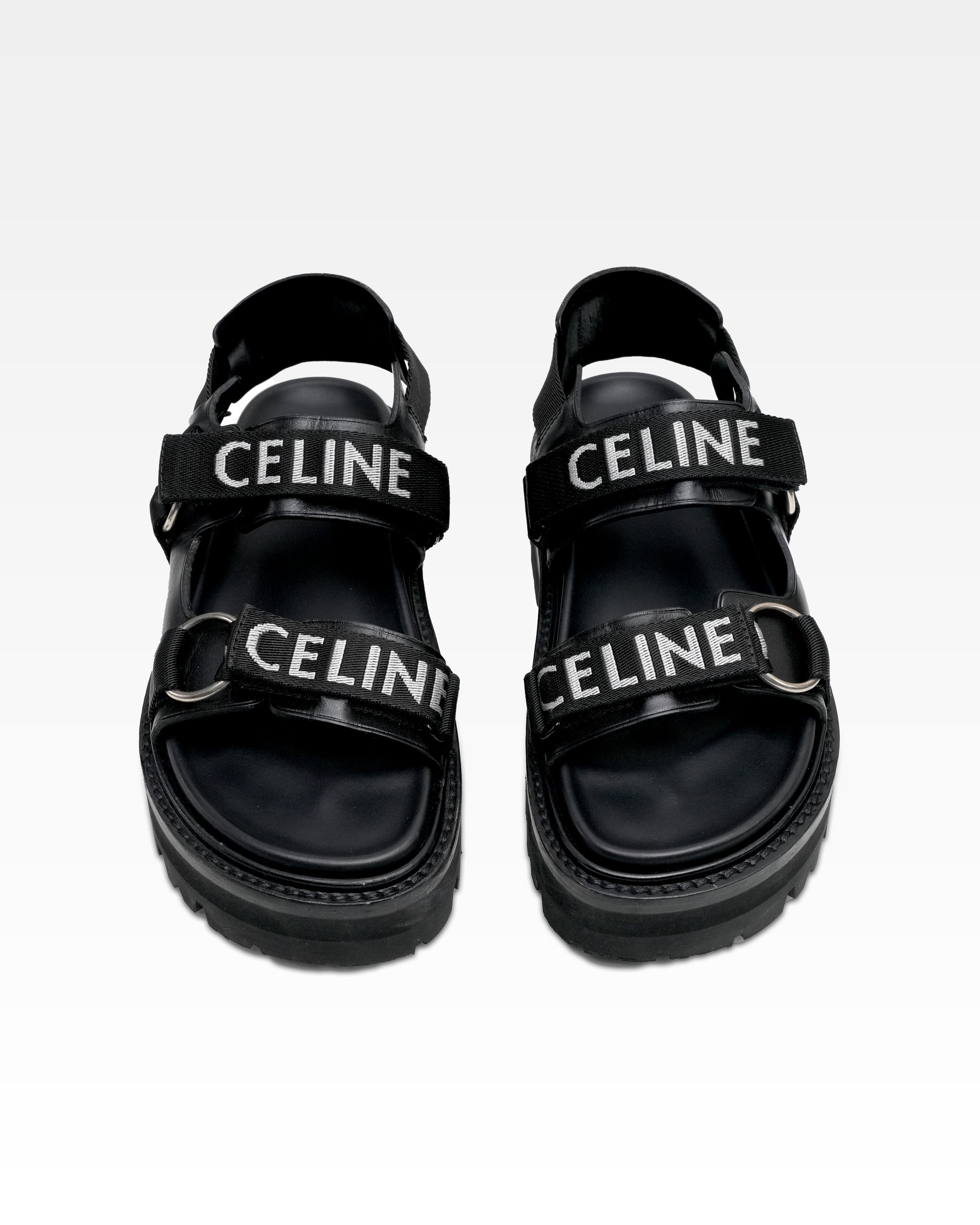 HEDI PERIOD LEATHER X FABRIC SANDALS LADIES BLACK X WHITE LOGO VELCRO STRAP THICK BOTTOM