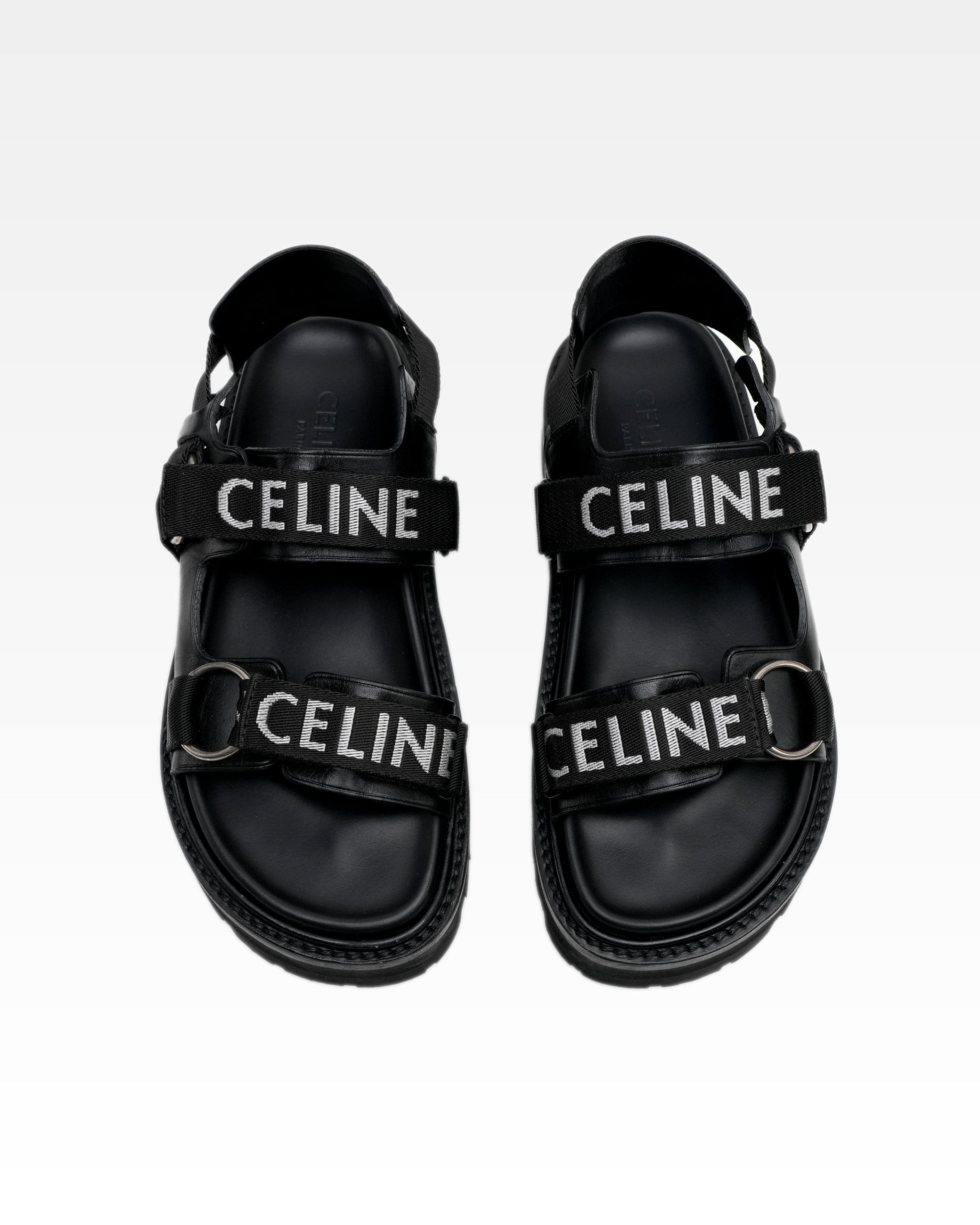 HEDI PERIOD LEATHER X FABRIC SANDALS LADIES BLACK X WHITE LOGO VELCRO STRAP THICK BOTTOM