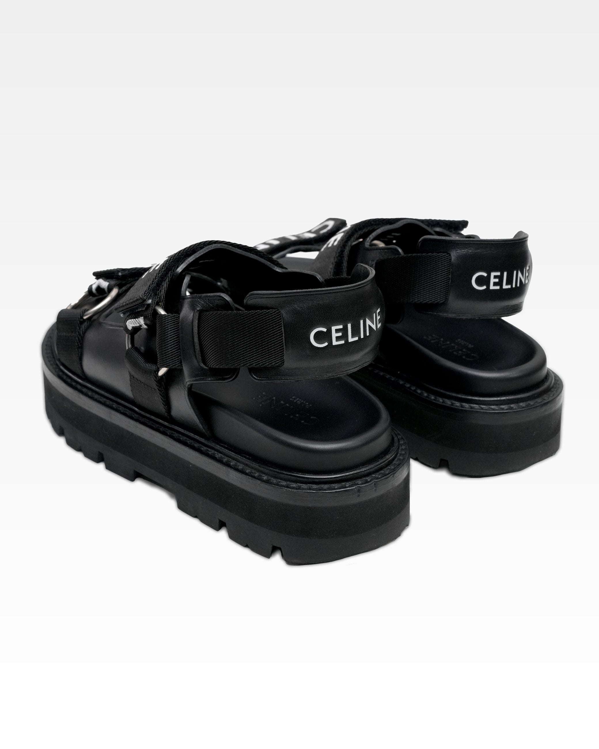 HEDI PERIOD LEATHER X FABRIC SANDALS LADIES BLACK X WHITE LOGO VELCRO STRAP THICK BOTTOM