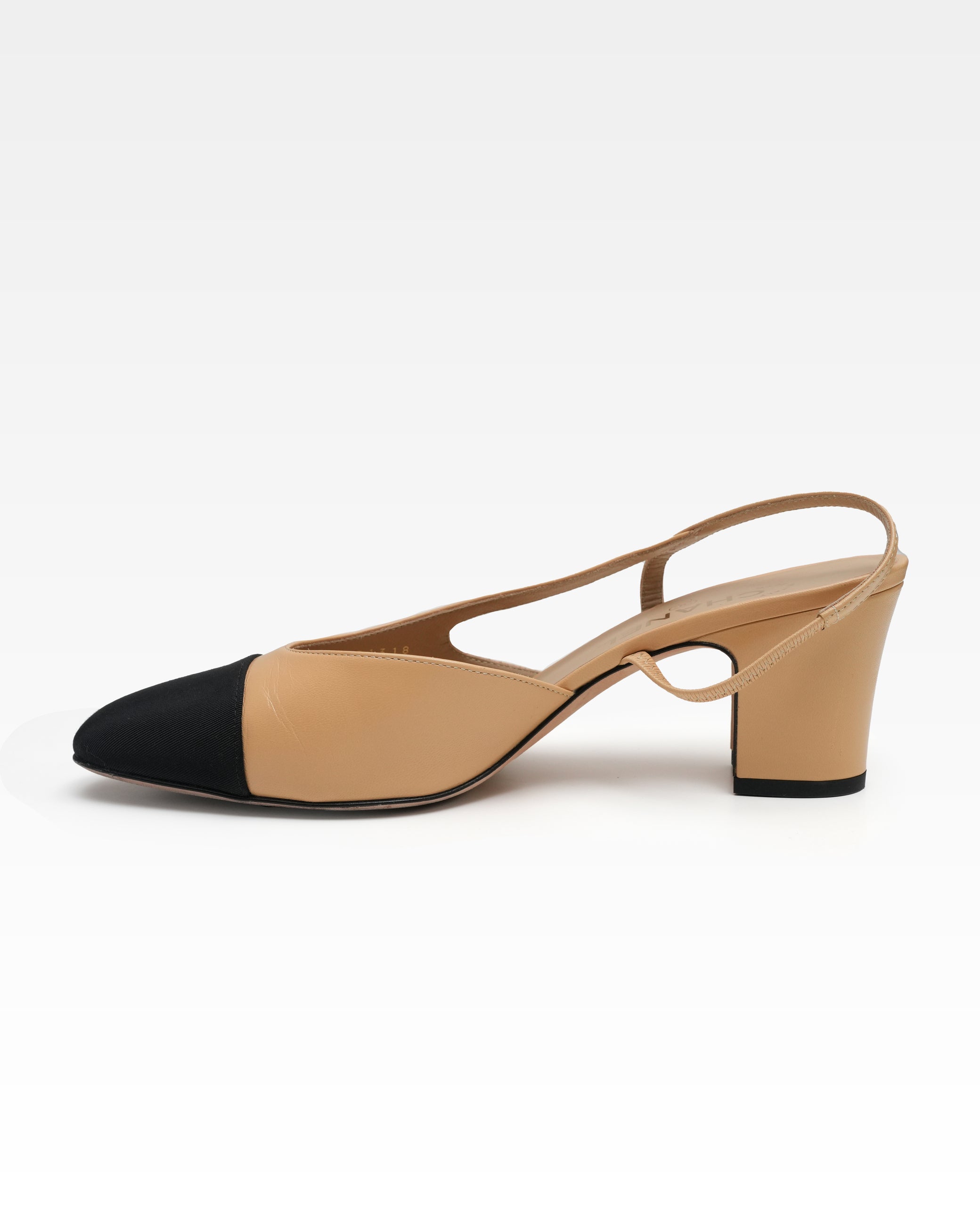CHANEL COCO MARK LEATHER STRAP PUMPS LADIES BLACK X BEIGE