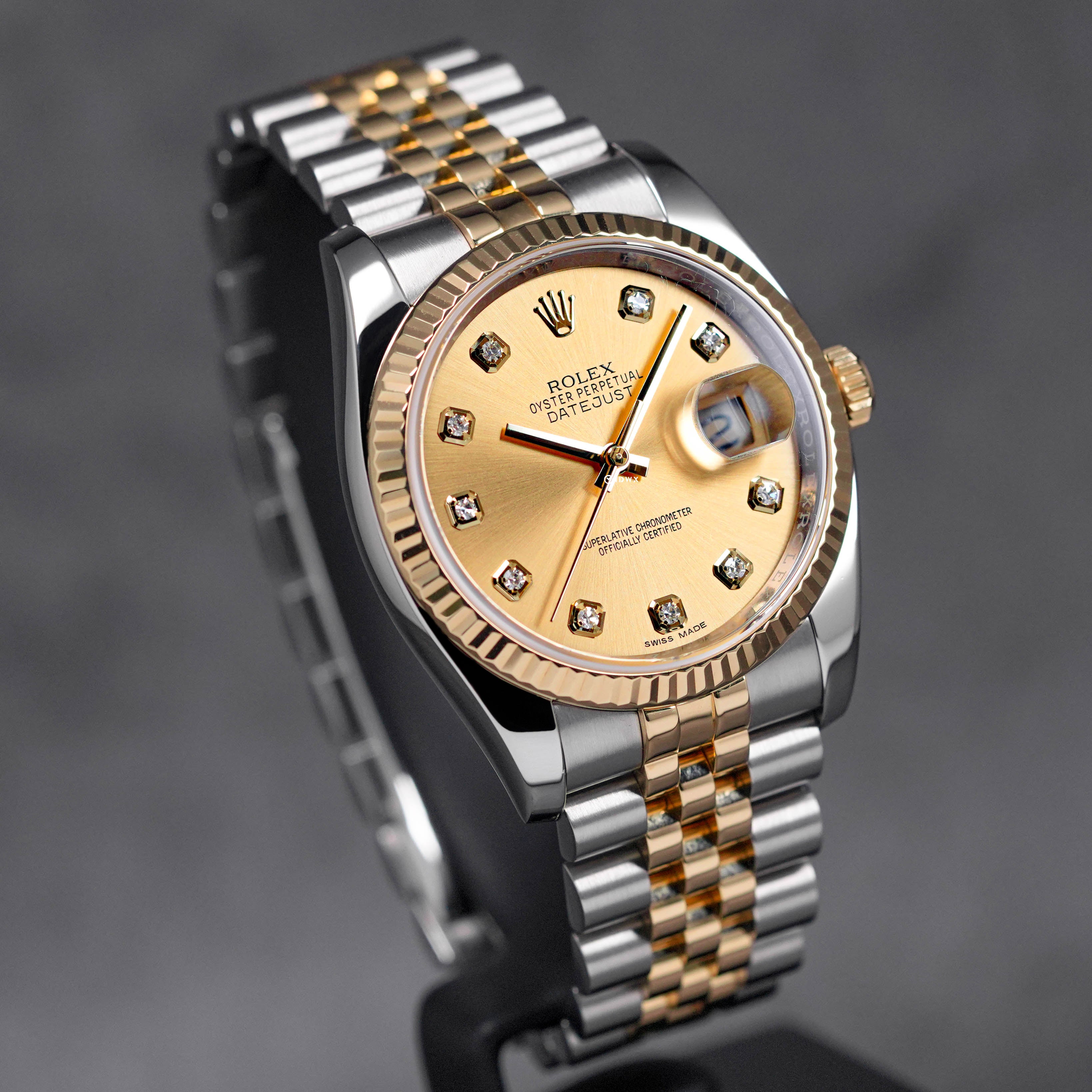 DATEJUST 36MM TWOTONE YELLOWGOLD CHAMPAGNE DIAMOND DIAL (2016)