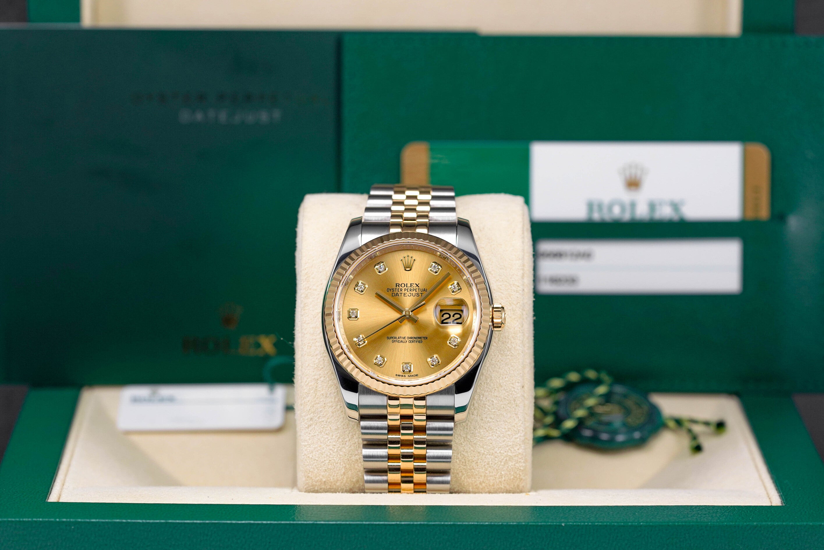 DATEJUST 36MM TWOTONE YELLOWGOLD CHAMPAGNE DIAMOND DIAL (2016)